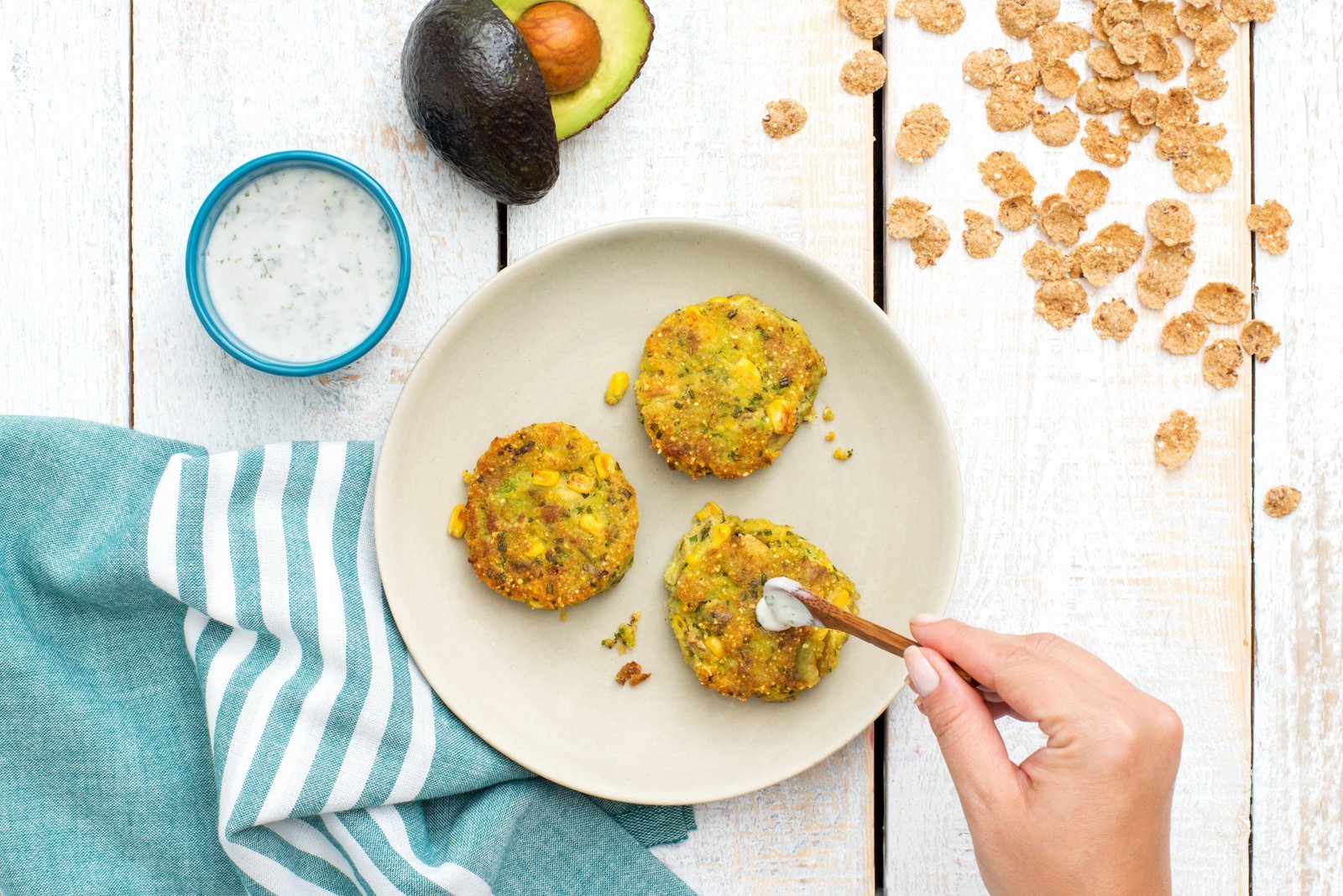 Avocado and Corn Fritters with Mint Yogurt