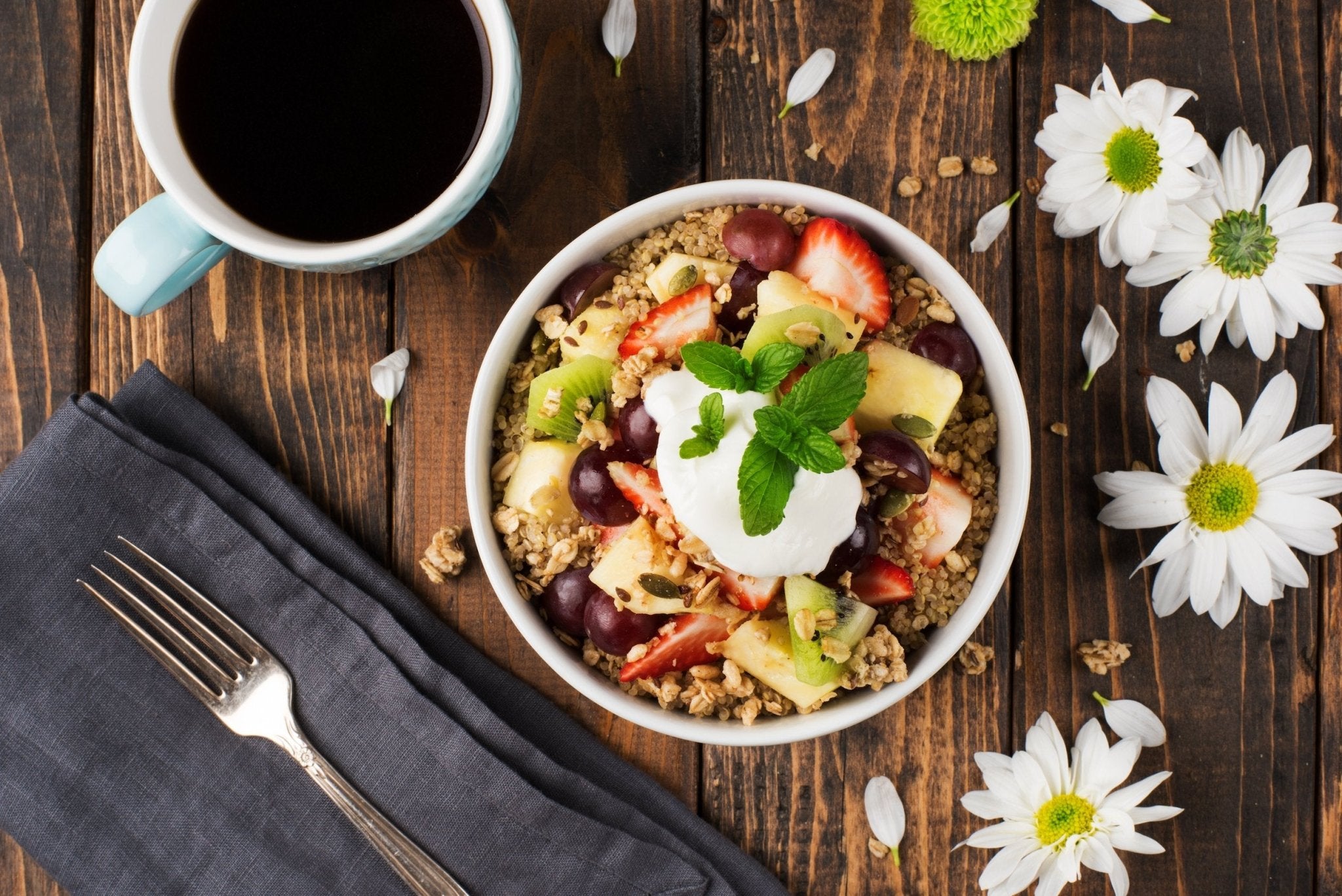 Breakfast Quinoa with Fruit Salad and Pumpkin Flax Granola