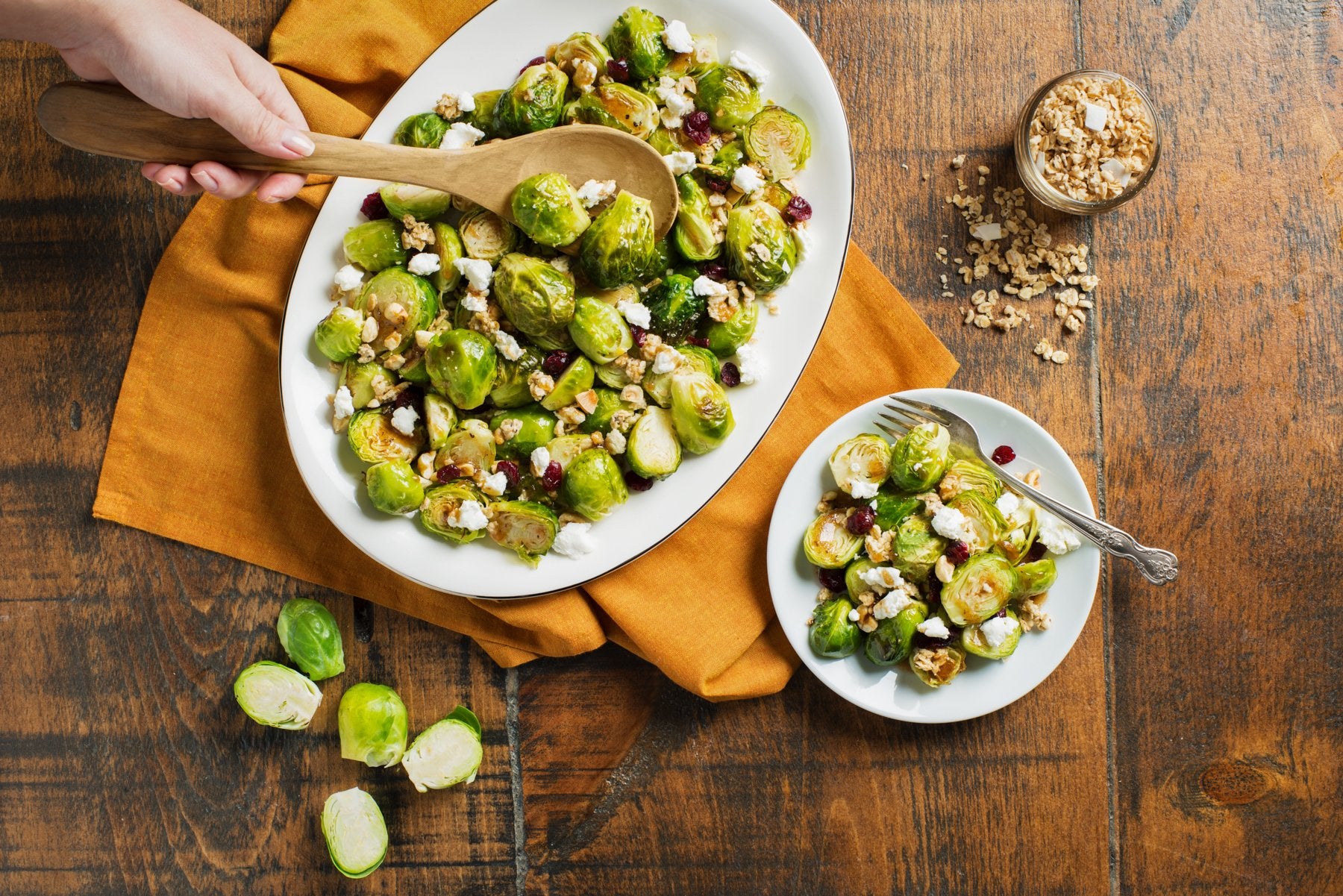 Brussels Sprouts with Toasted Coconut Chia Granola and Hazelnuts