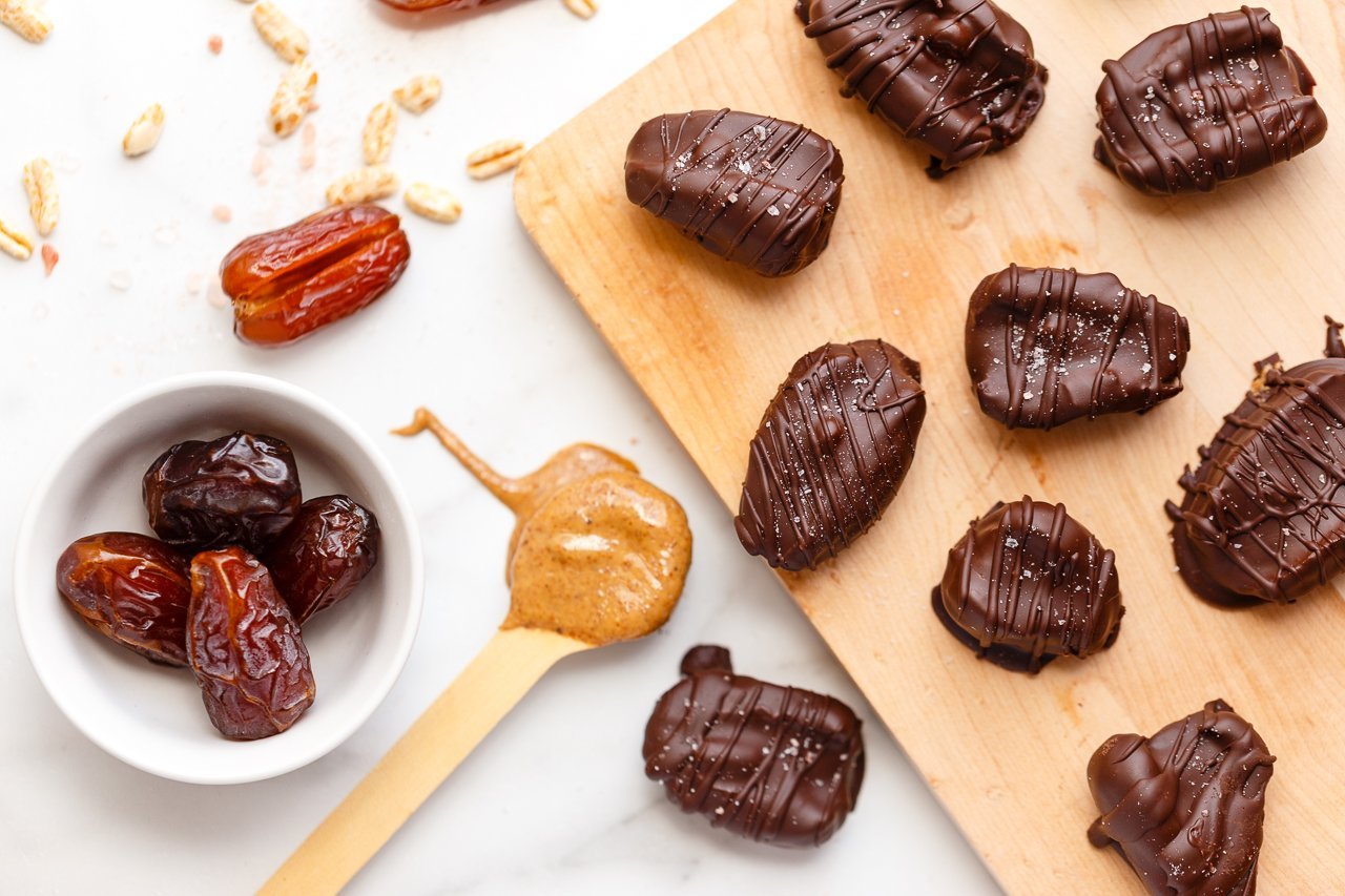 Chocolate Covered Kamut and Almond Butter Dates