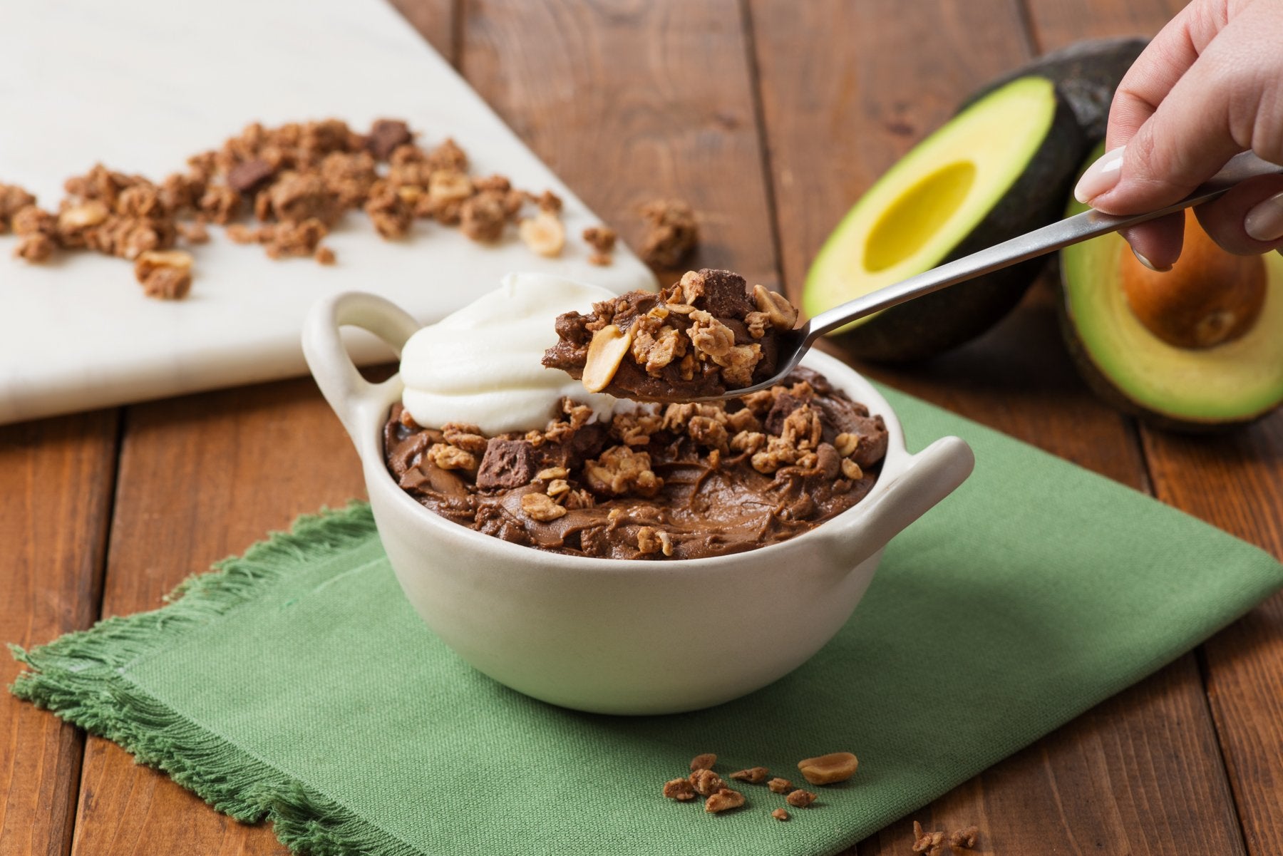 Chocolate Peanut Butter Avocado Mousse with Coconut Whipped Cream