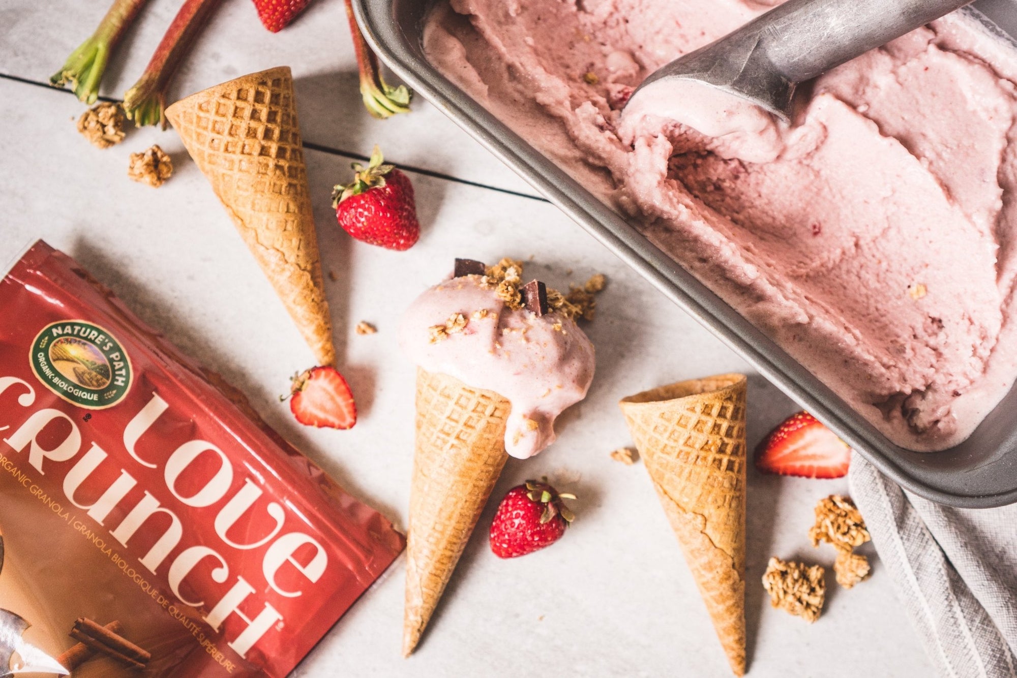 Strawberry Rhubarb Vegan Ice Cream with Granola Crunch