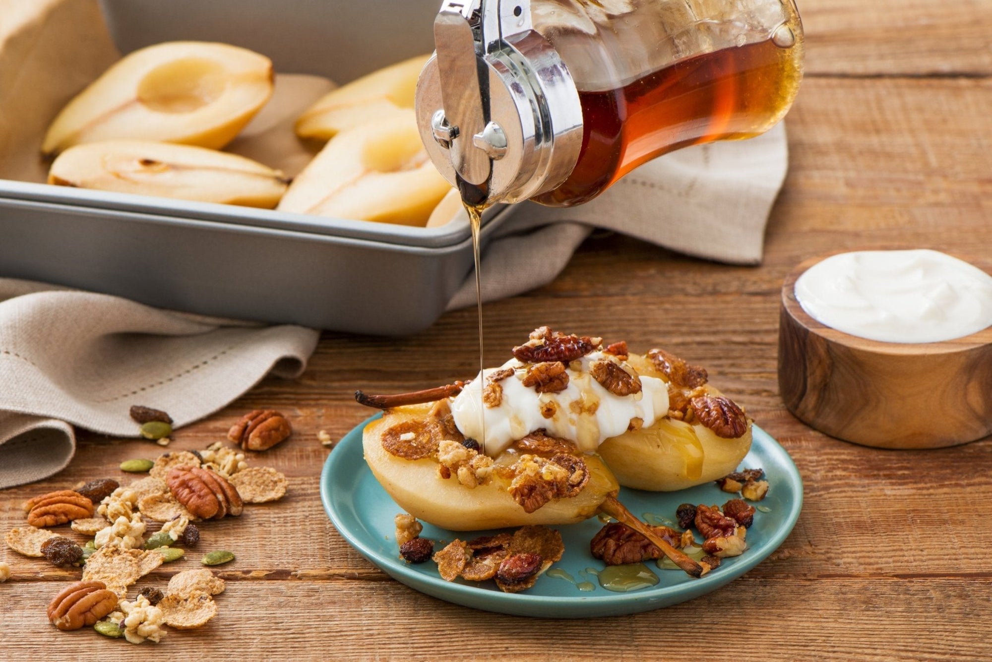 Maple Baked Pears with Pecan Crunch Topping