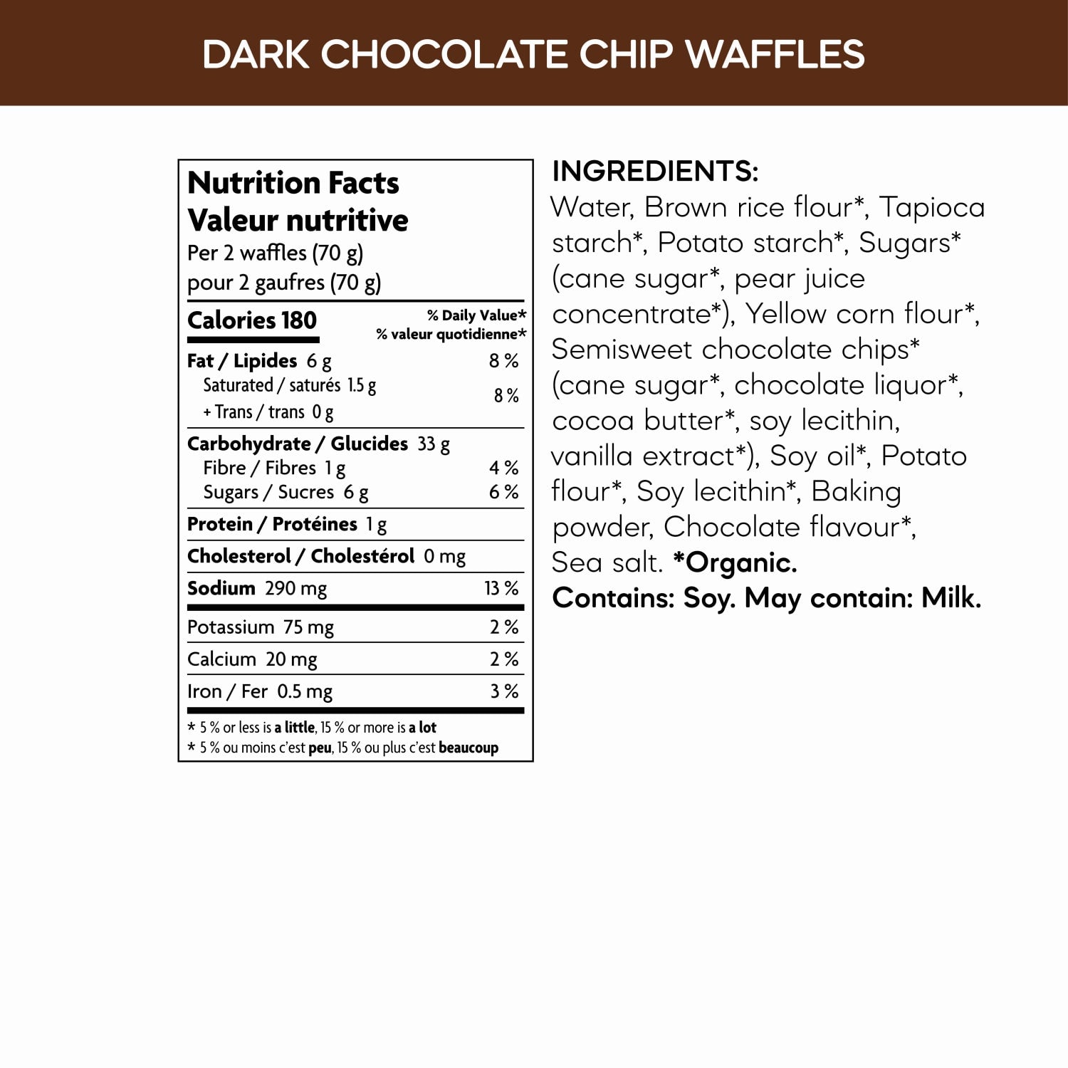 Nutrition facts per serving and ingredient statement for Dark Chocolate Chip Waffles