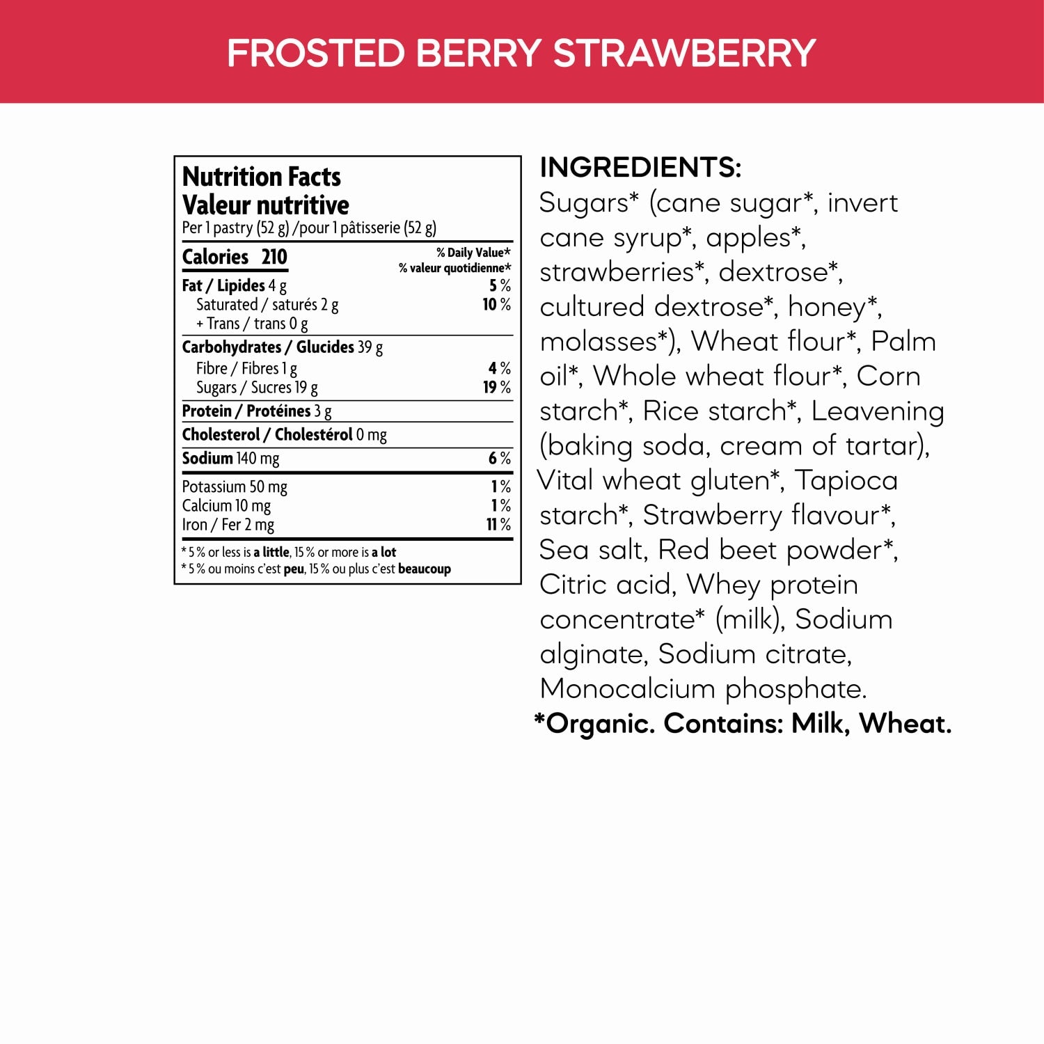 Nutrition facts per serving and ingredient statement for Frosted Berry Strawberry Toaster Pastries