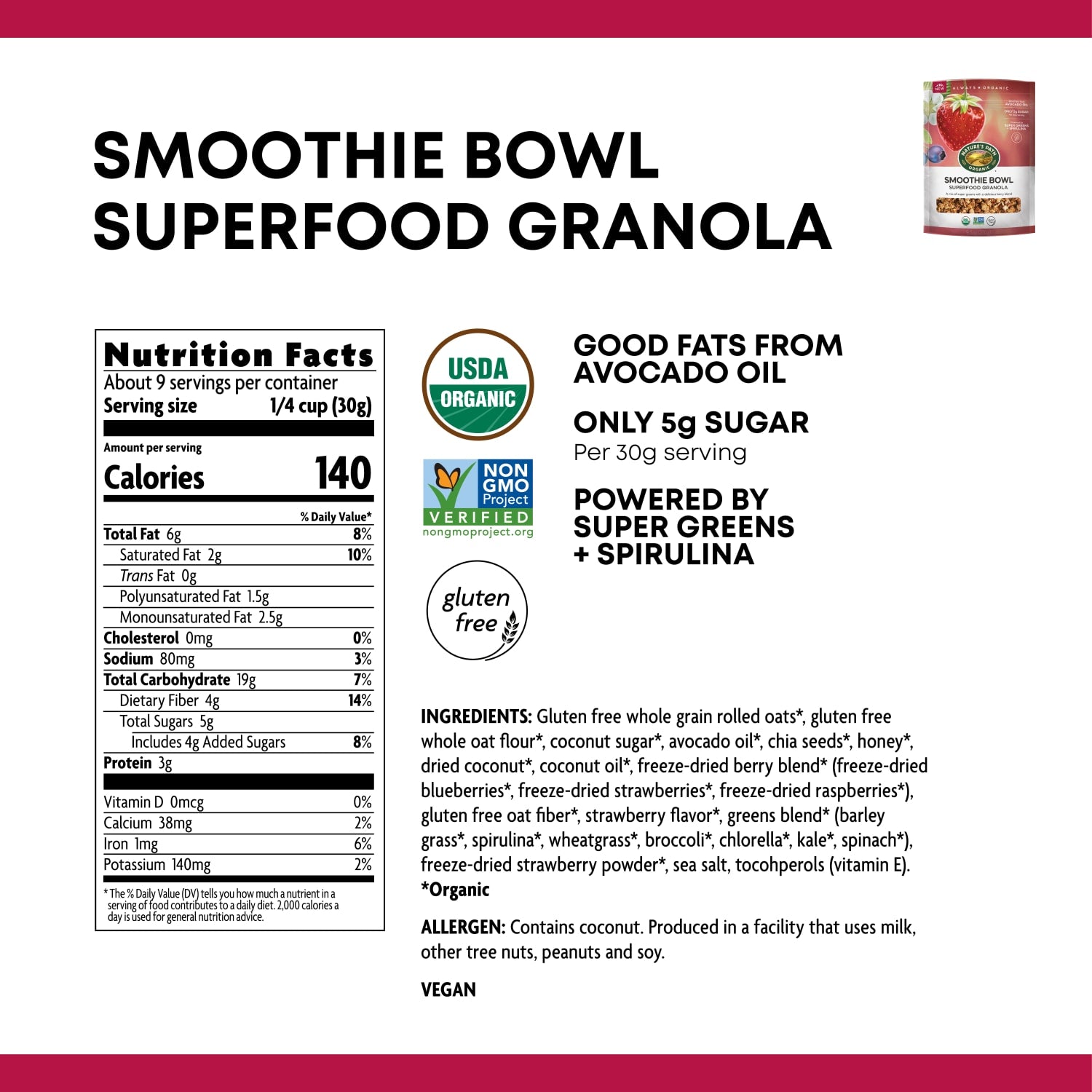 Nutrition facts per serving and ingredient statement for Smoothie Bowl Superfood Granola