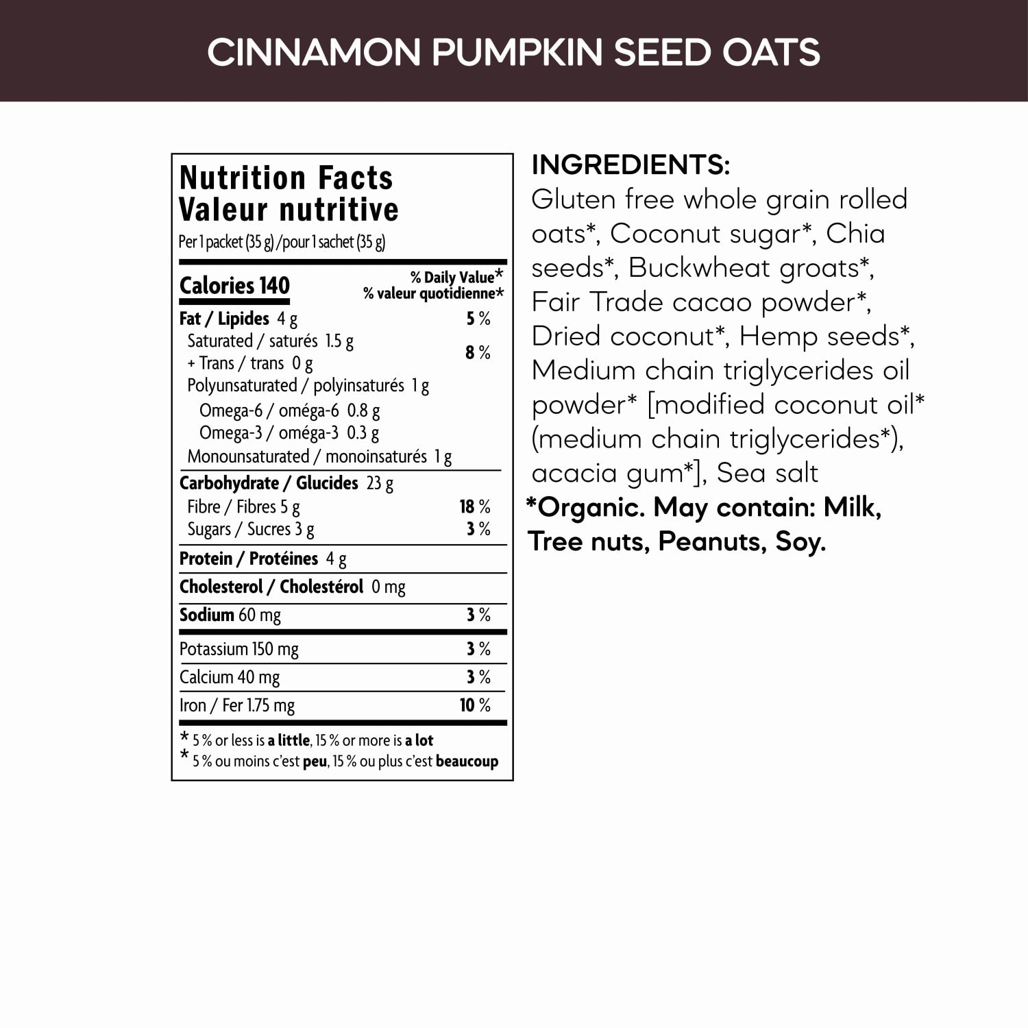 Nutrition facts per serving and ingredient statement for Cacao Superfood Oatmeal