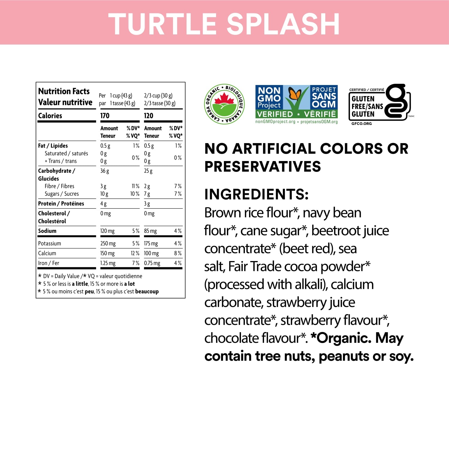 Nutrition facts per serving and ingredient statement for Strawberry Chocolate Turtle Splash Cereal