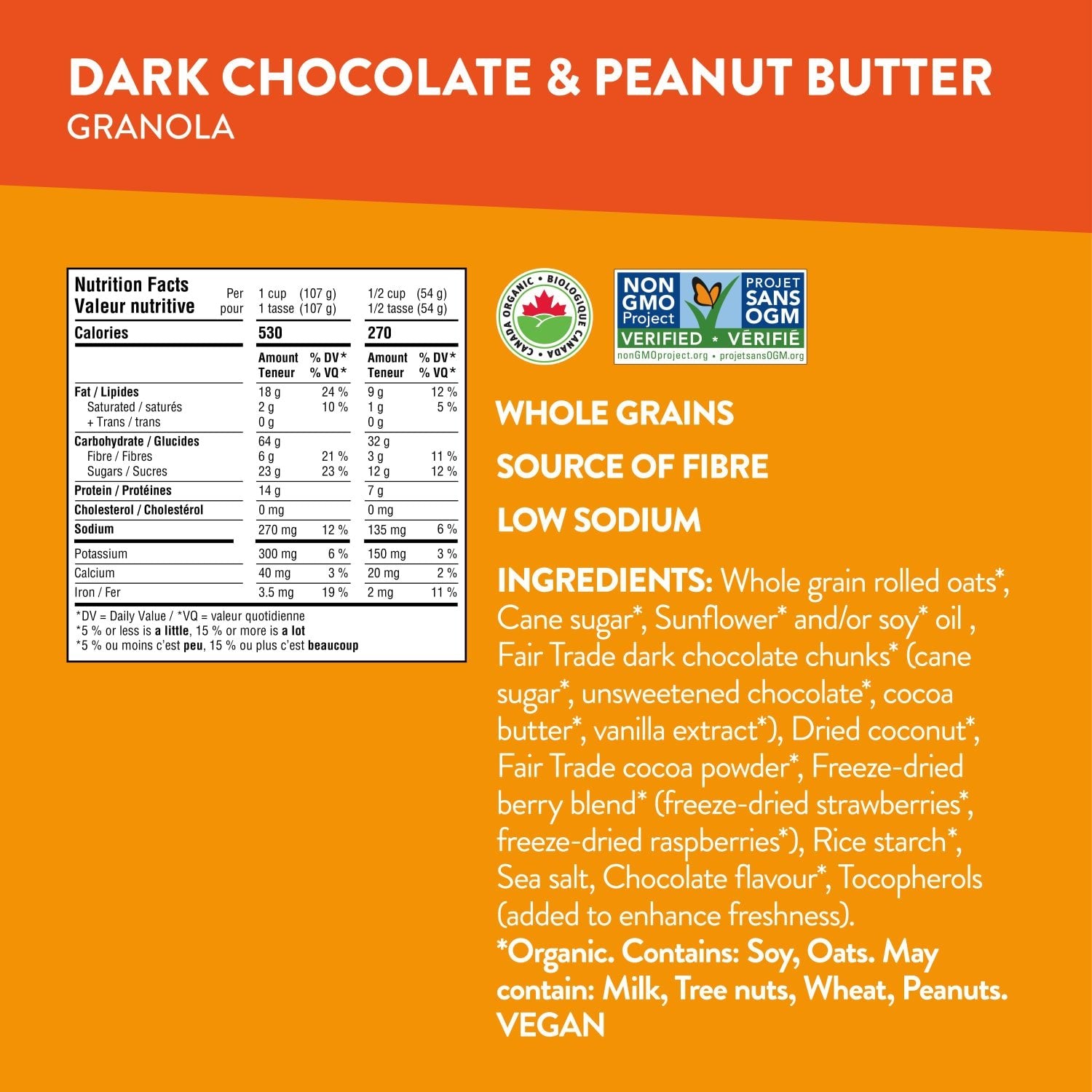 Nutrition facts per serving and ingredient statement for Dark Chocolate & Peanut Butter Granola