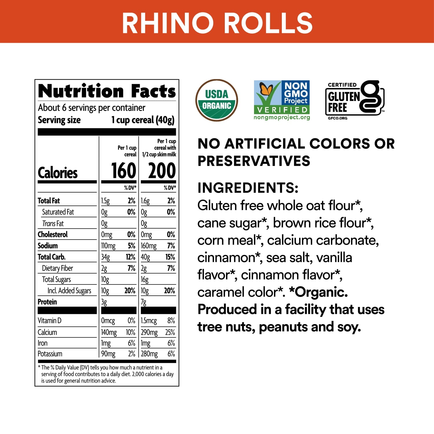 Nutrition facts per serving and ingredient statement for Cinnamon Bun Rhino Rolls Cereal