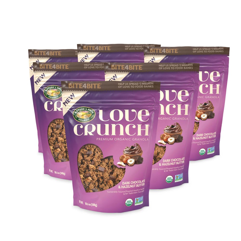 Pack of 6, Love Crunch Organic Dark Chocolate & Hazelnut Butter Granola 10.6oz Pouch