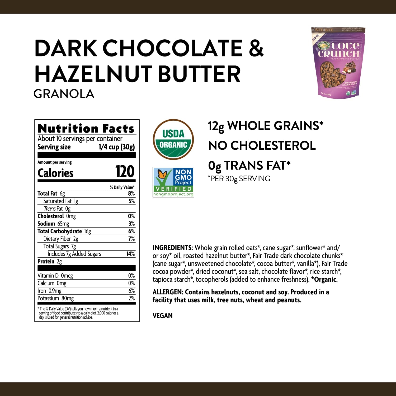 Nutrition facts per serving and ingredient statement for Dark Chocolate & Hazelnut Butter Granola