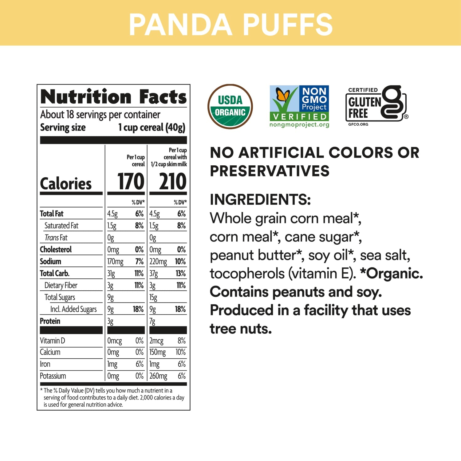 Nutrition facts per serving and ingredient statement for Peanut Butter Panda Puffs Cereal