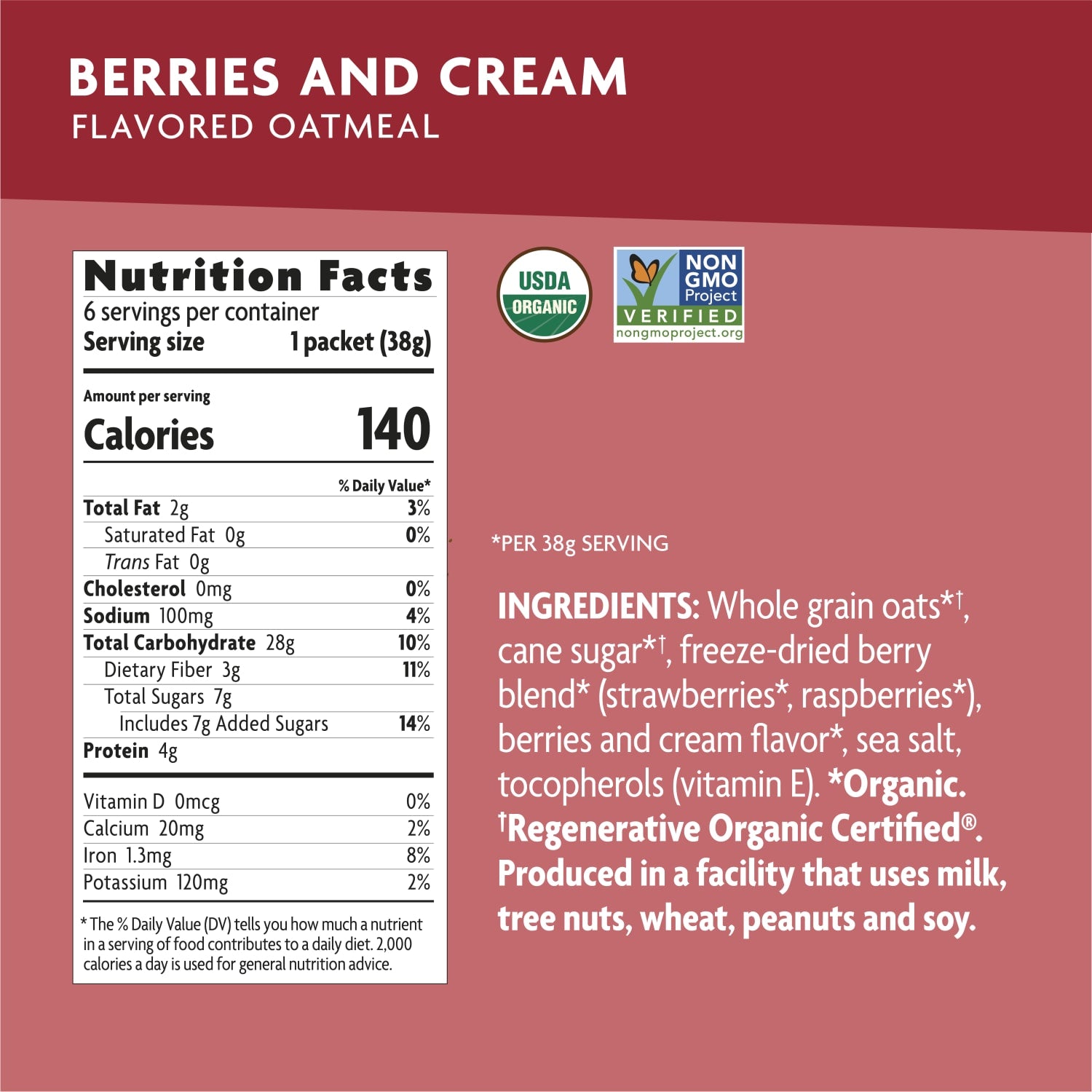 Nutrition facts per serving and ingredient statement for Regenerative Organic Berries & Cream Instant Oatmeal