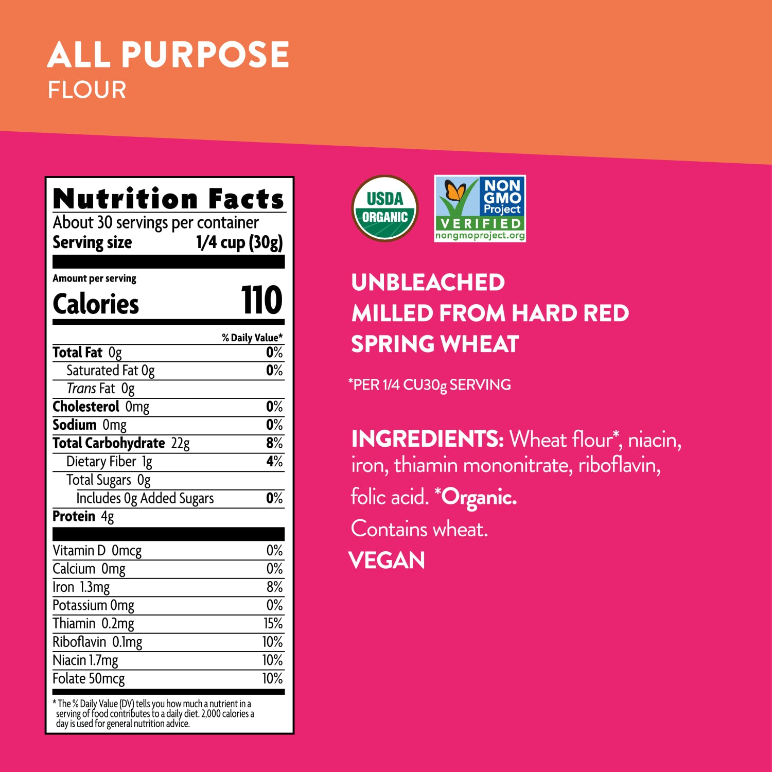 Nutrition facts per serving and ingredient statement for All-Purpose Flour