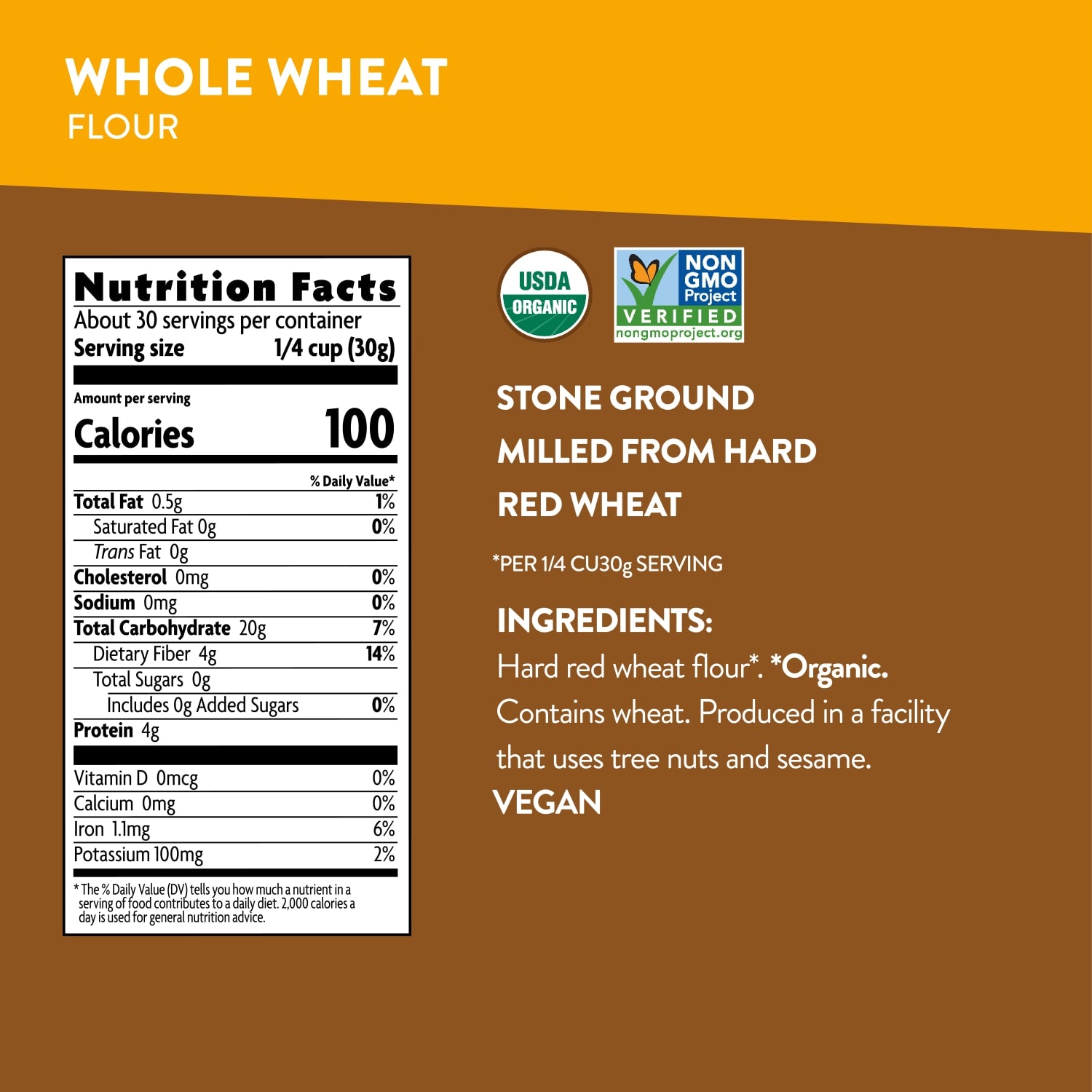 Nutrition facts per serving and ingredient statement for Whole Wheat Flour