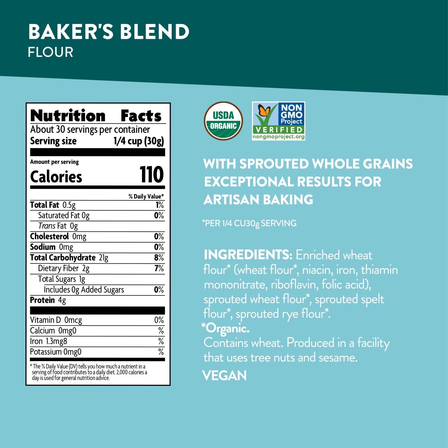 Nutrition facts per serving and ingredient statement for Baker's Blend Flour