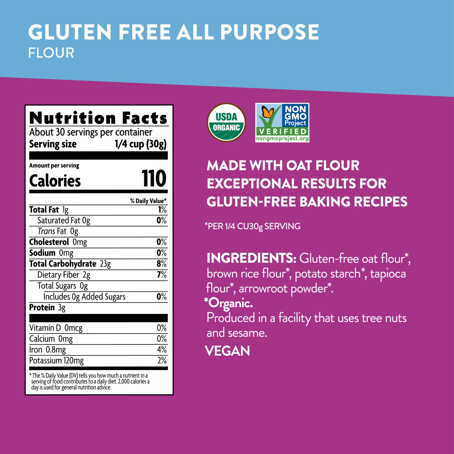 Nutrition facts per serving and ingredient statement for Gluten Free All-Purpose Flour