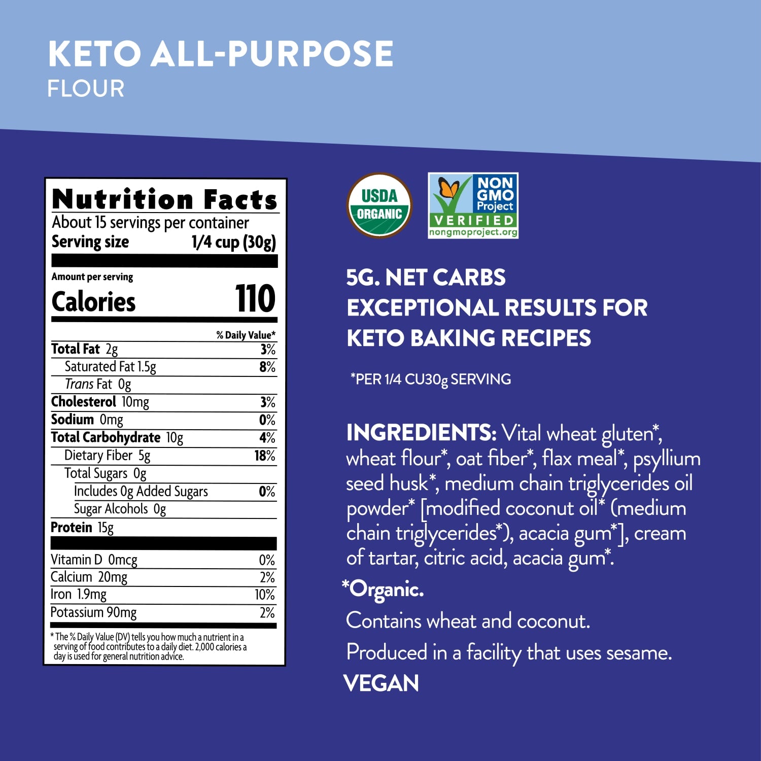 Nutrition facts per serving and ingredient statement for Keto All-Purpose Flour