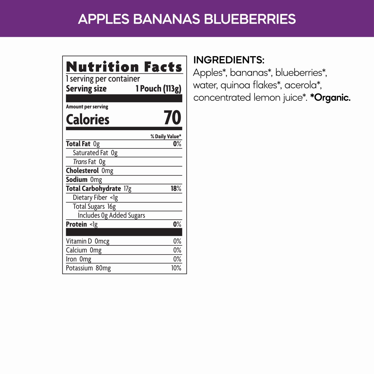 Nutrition facts per serving and ingredient statement for Superblends Apples, Bananas + Blueberries Puree