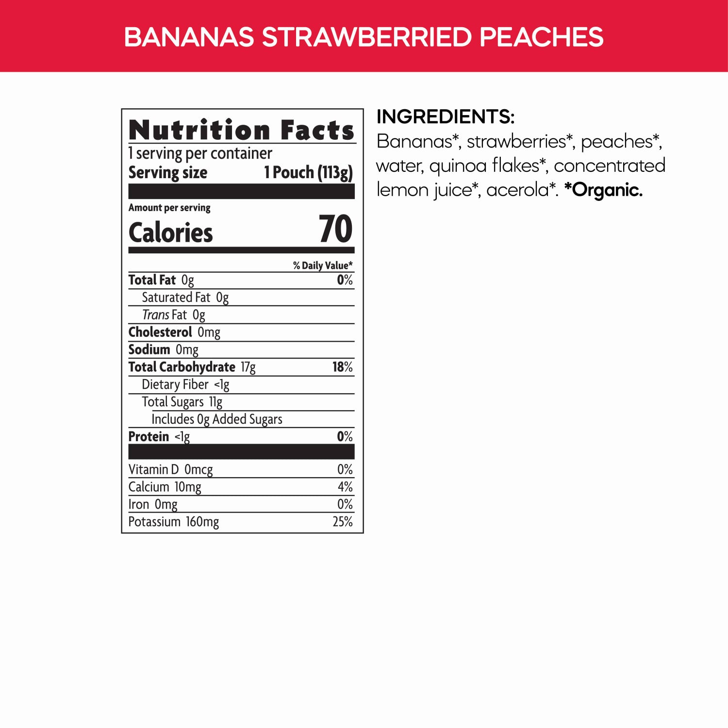 Nutrition facts per serving and ingredient statement for Superblends Bananas, Strawberries + Peaches Puree