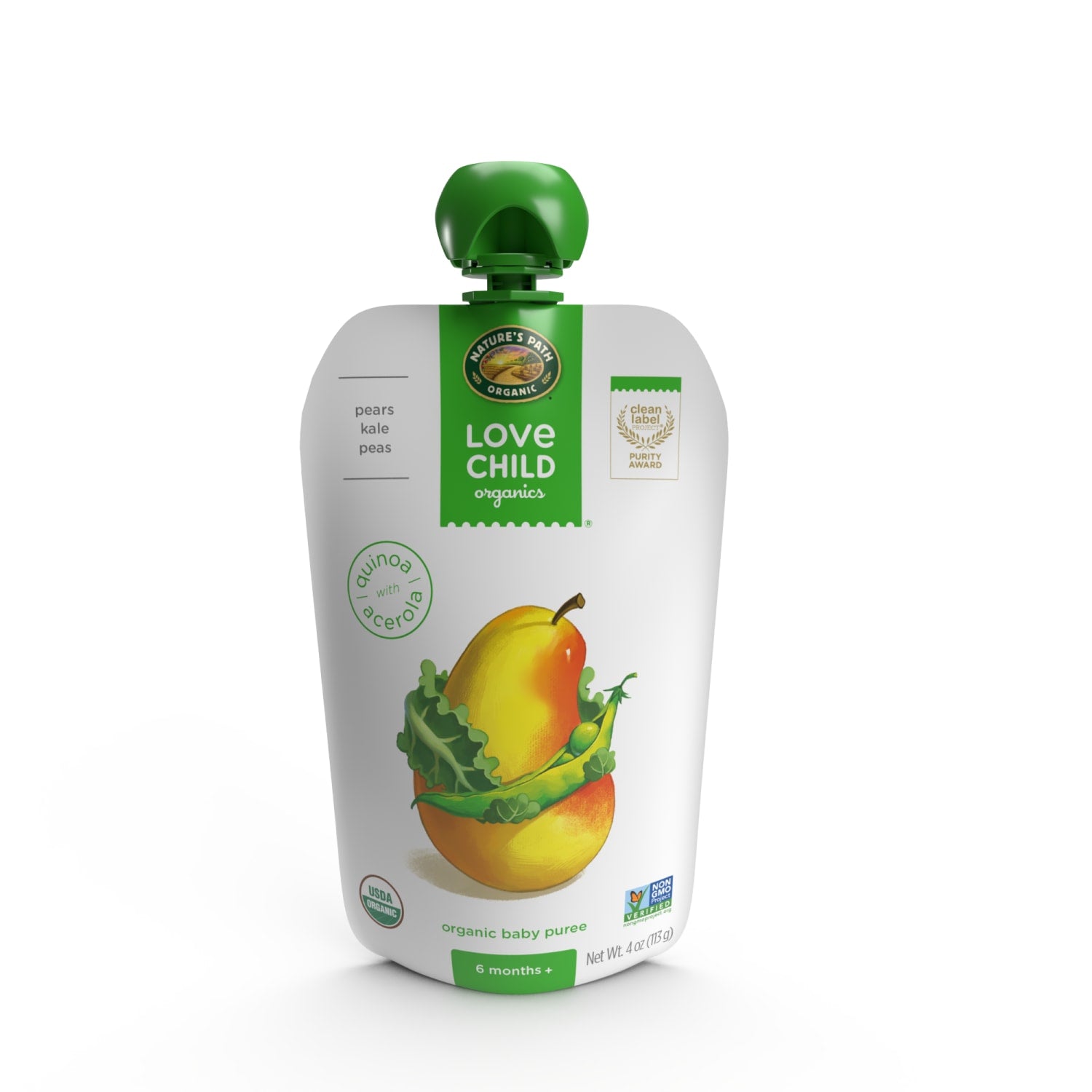 Love Child Organics Superblends Pears, Kale + Peas Puree 4oz Pouch