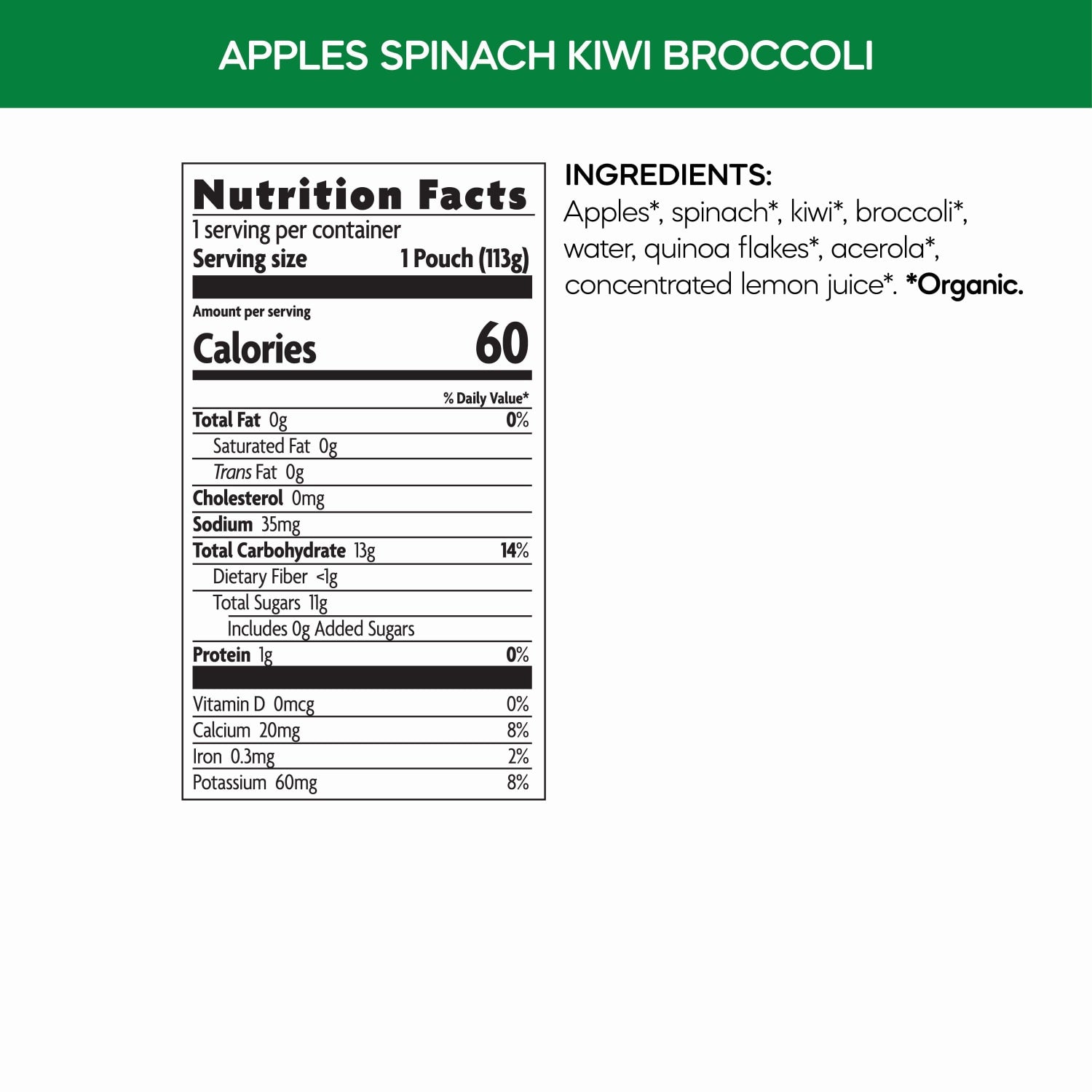 Nutrition facts per serving and ingredient statement for Superblends Apples, Spinach, Kiwi + Broccoli Puree