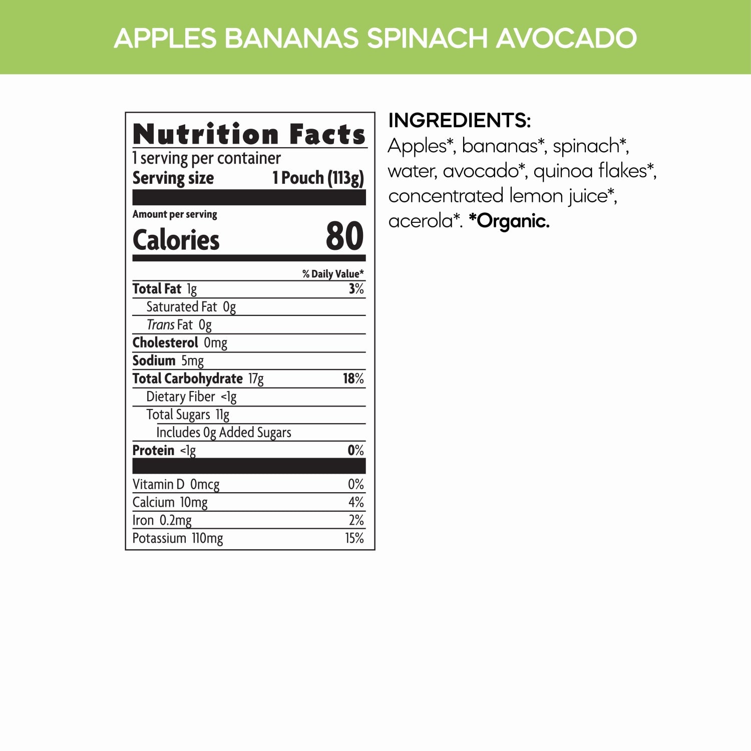 Nutrition facts per serving and ingredient statement for Superblends Apples, Bananas, Spinach + Avocado Puree