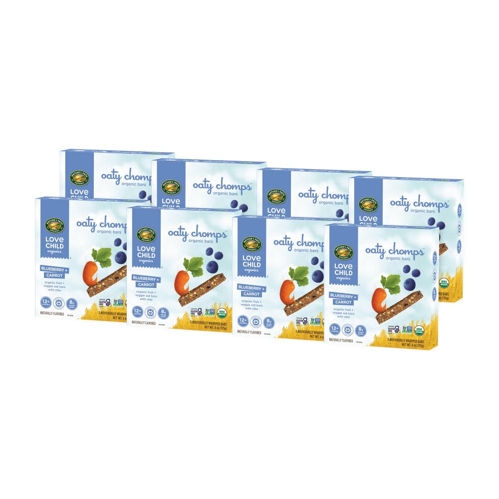 Pack of 8, Love Child Organics Oaty Chomps Blueberry + Carrot Snack Bar 4oz Box