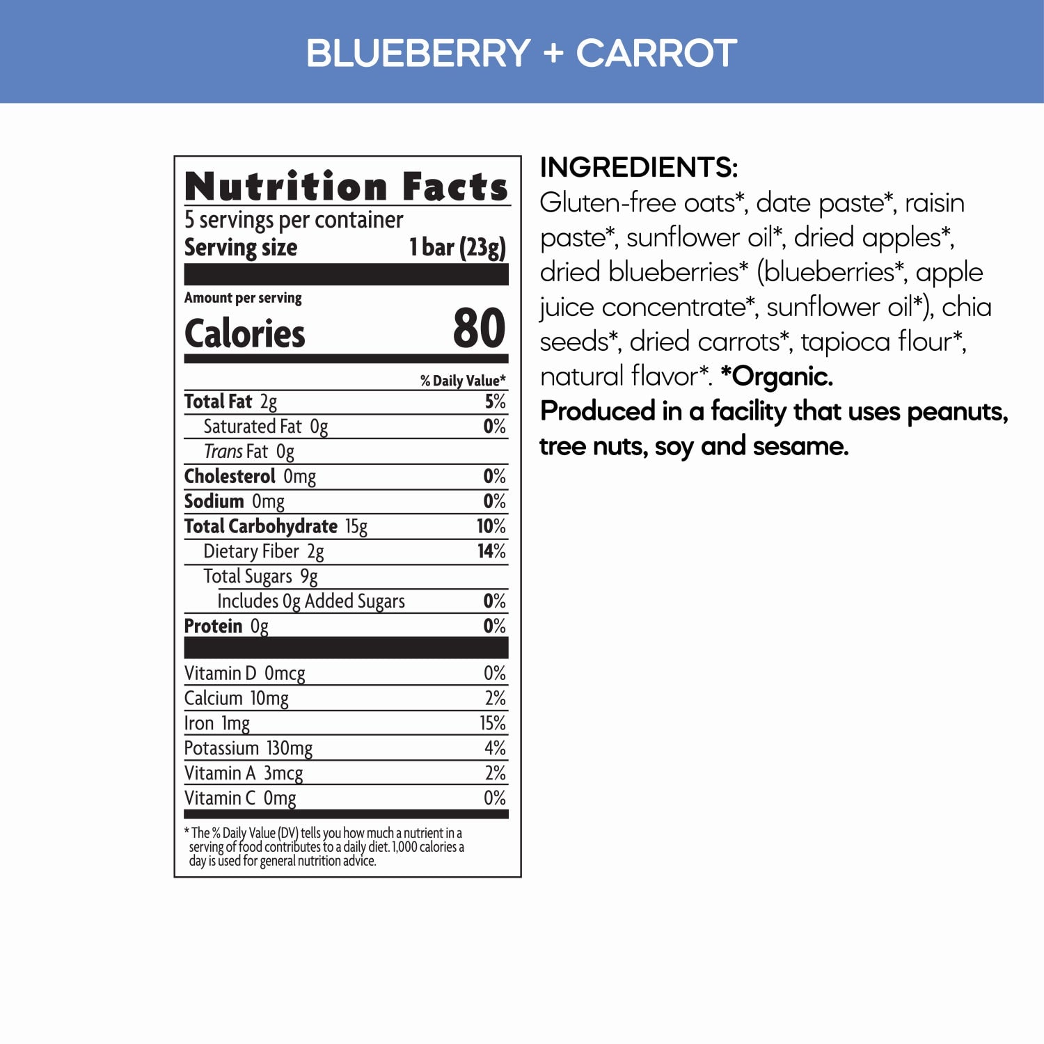 Nutrition facts per serving and ingredient statement for Oaty Chomps Blueberry + Carrot Snack Bar