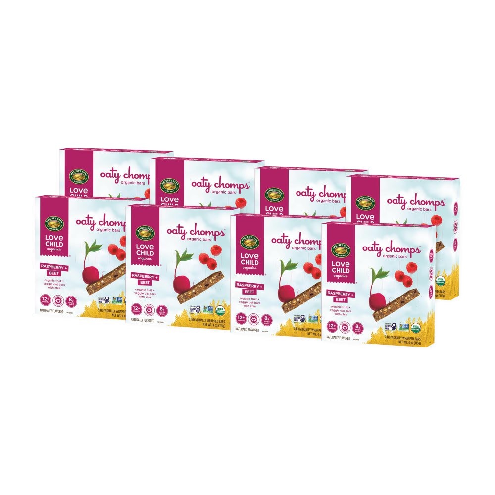 Pack of 8, Love Child Organics Oaty Chomps Raspberry + Beet Snack Bar 4oz Box