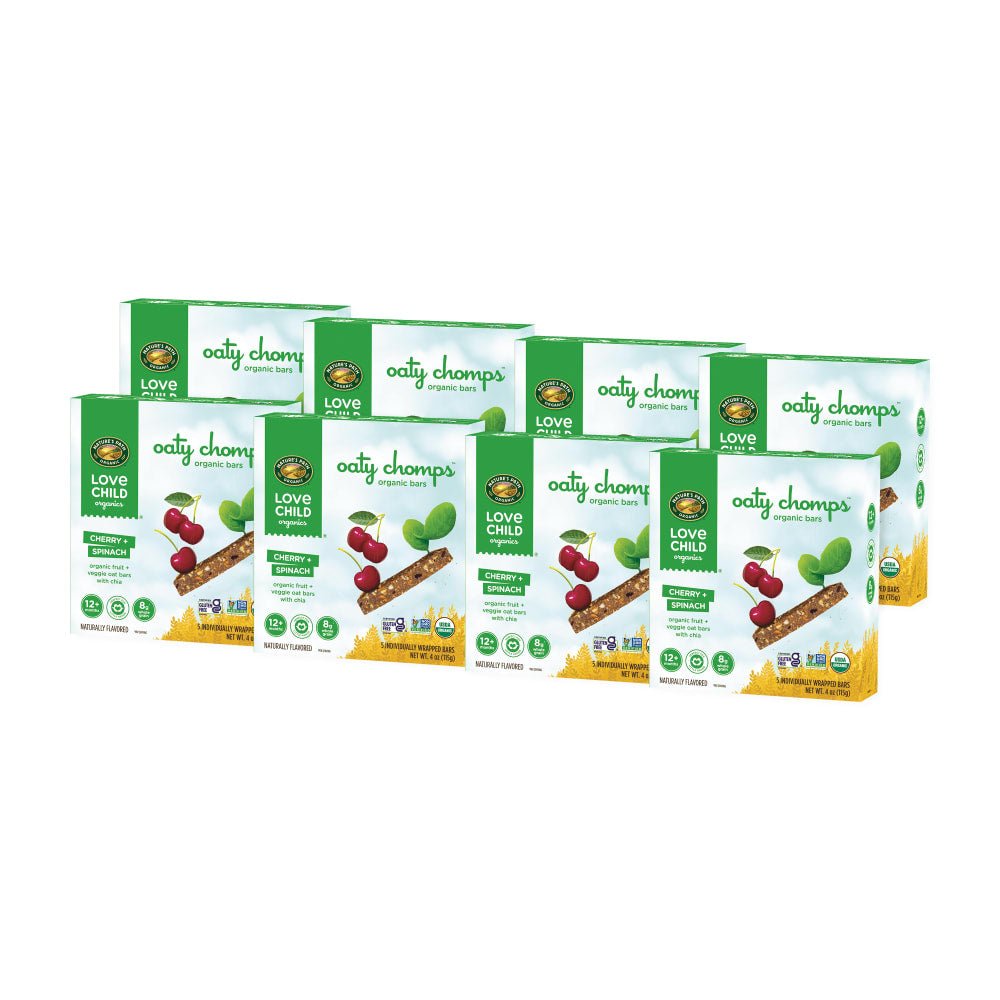 Pack of 8, Love Child Organics Oaty Chomps Cherry + Spinach Snack Bar 4oz Box