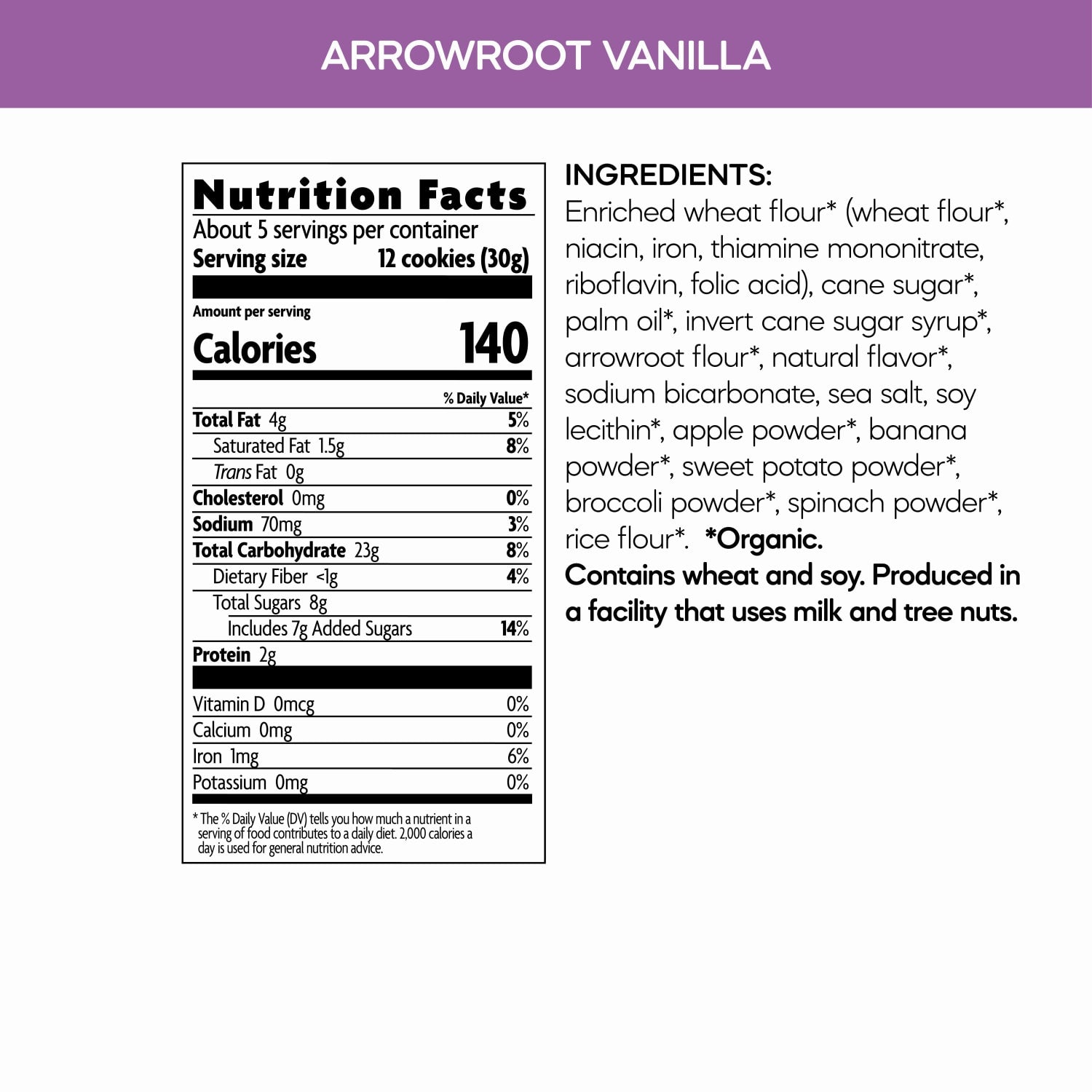 Nutrition facts per serving and ingredient statement for Sea Friends Arrowroot Vanilla Cookies