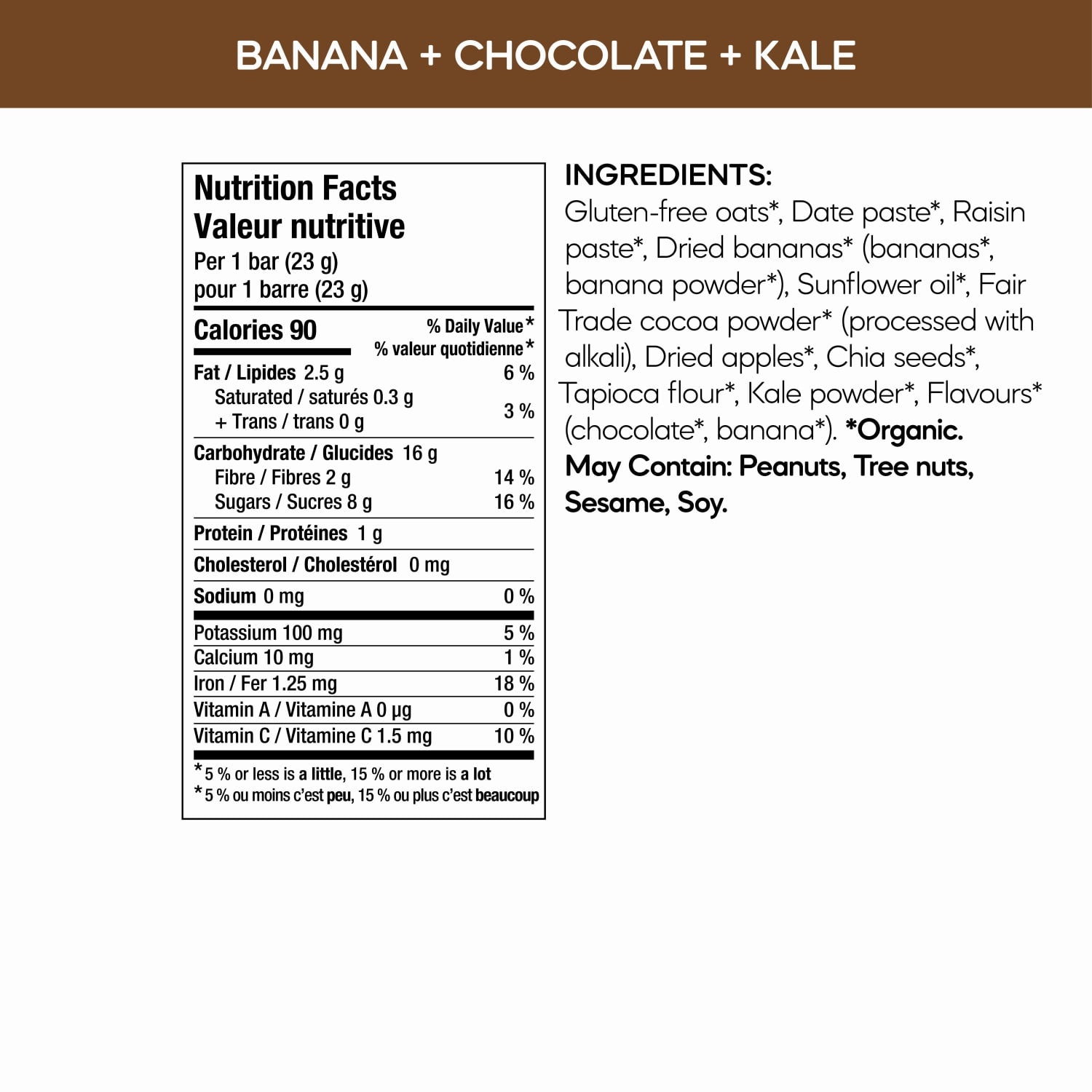 Nutrition facts per serving and ingredient statement for Oaty Chomps Banana + Chocolate + Kale Snack Bar