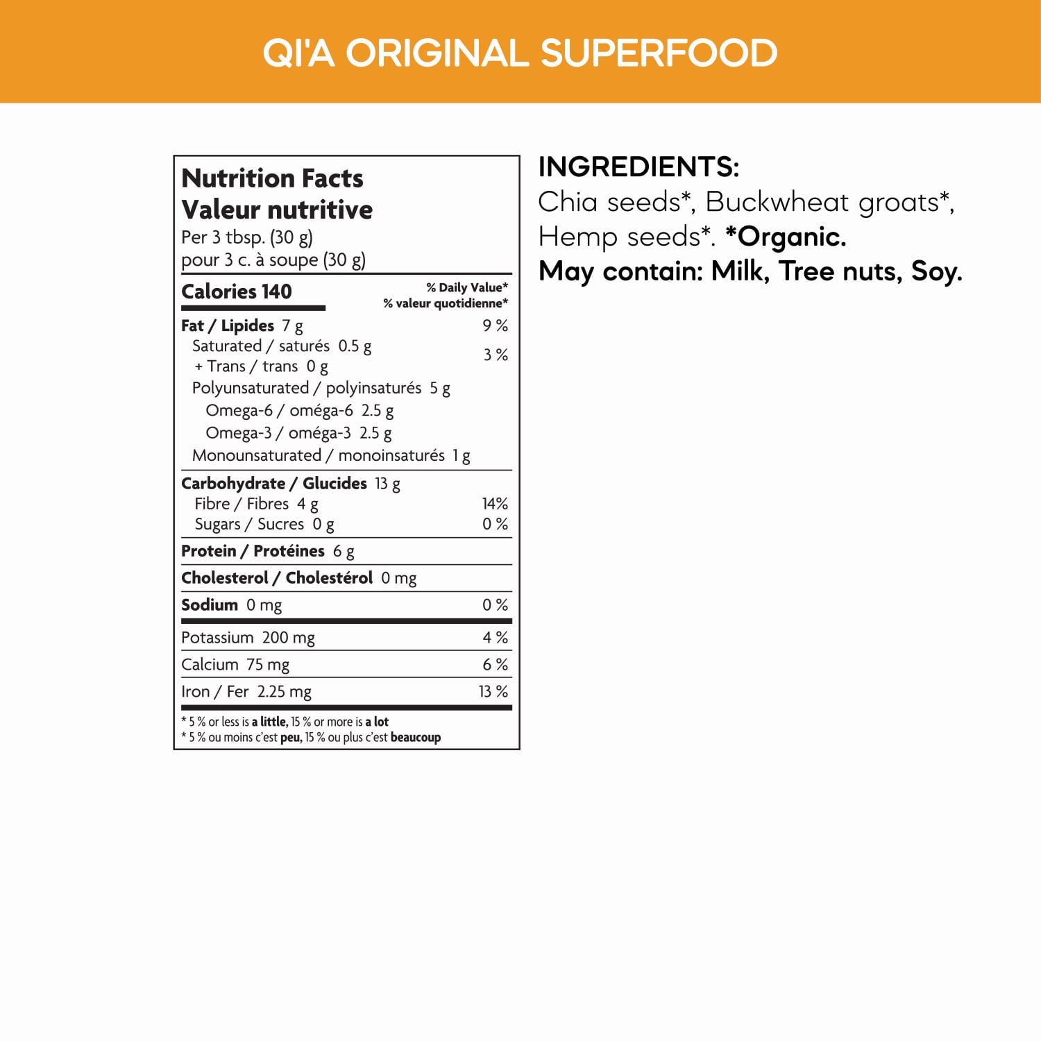 Nutrition facts per serving and ingredient statement for Original Chia, Buckwheat & Hemp Superfood Breakfast Topper