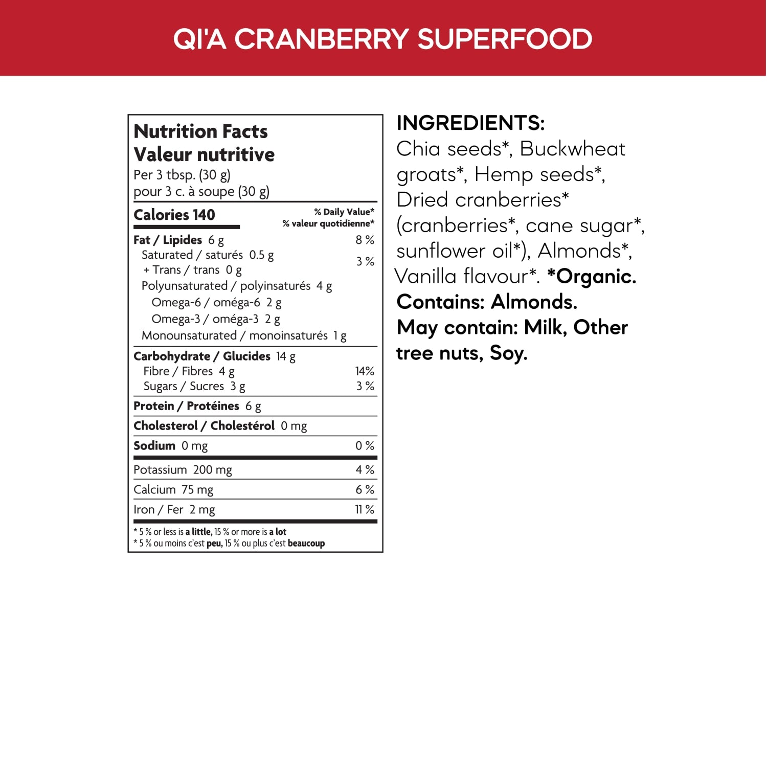 Nutrition facts per serving and ingredient statement for Cranberry Vanilla Chia, Buckwheat & Hemp Superfood Breakfast Topper