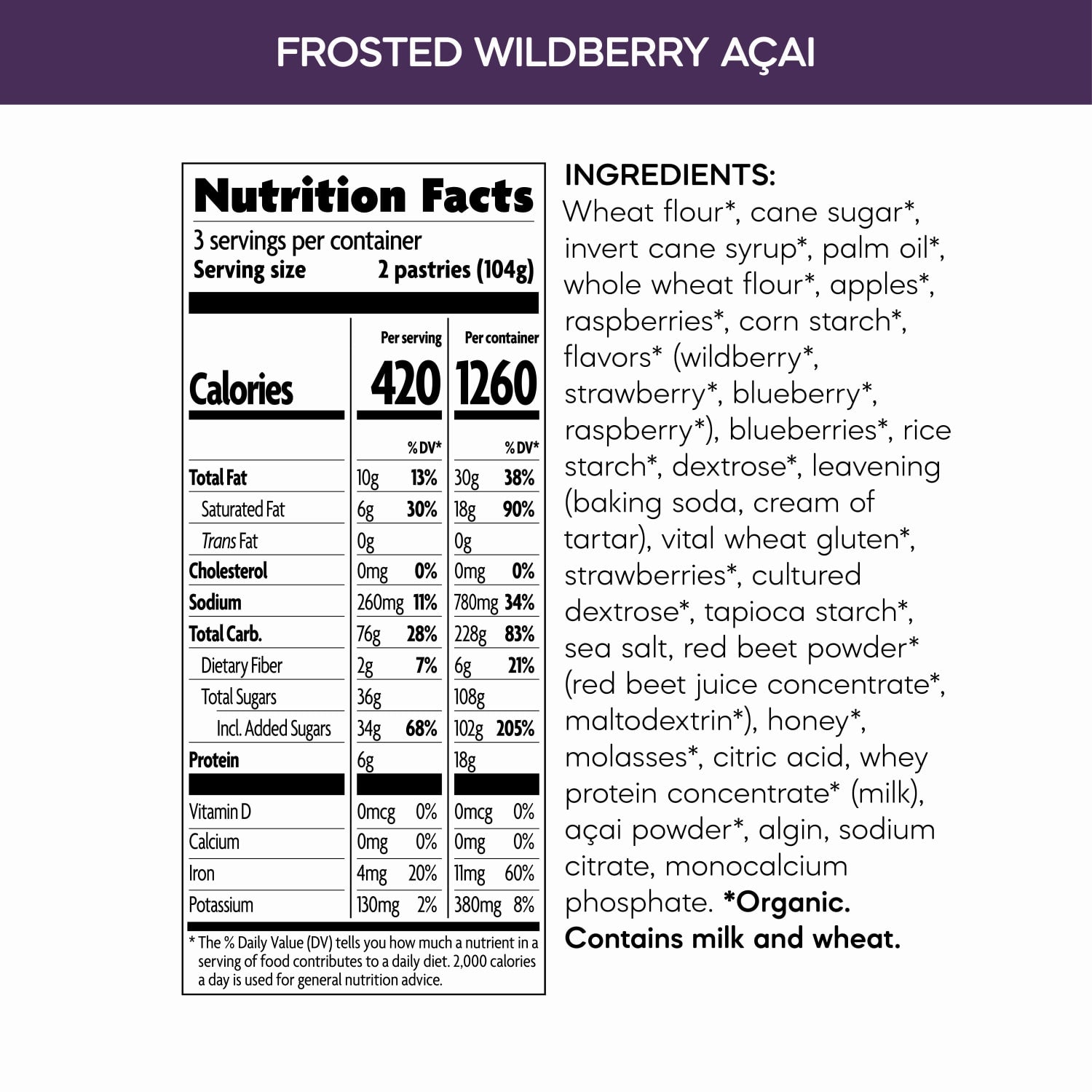 Nutrition facts per serving and ingredient statement for Frosted Wildberry Açai Toaster Pastries