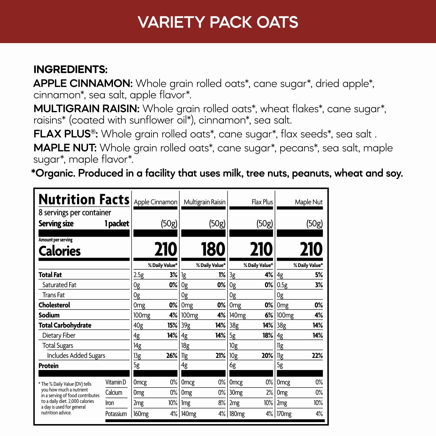 Nutrition facts per serving and ingredient statement for Instant Oatmeal Variety Pack