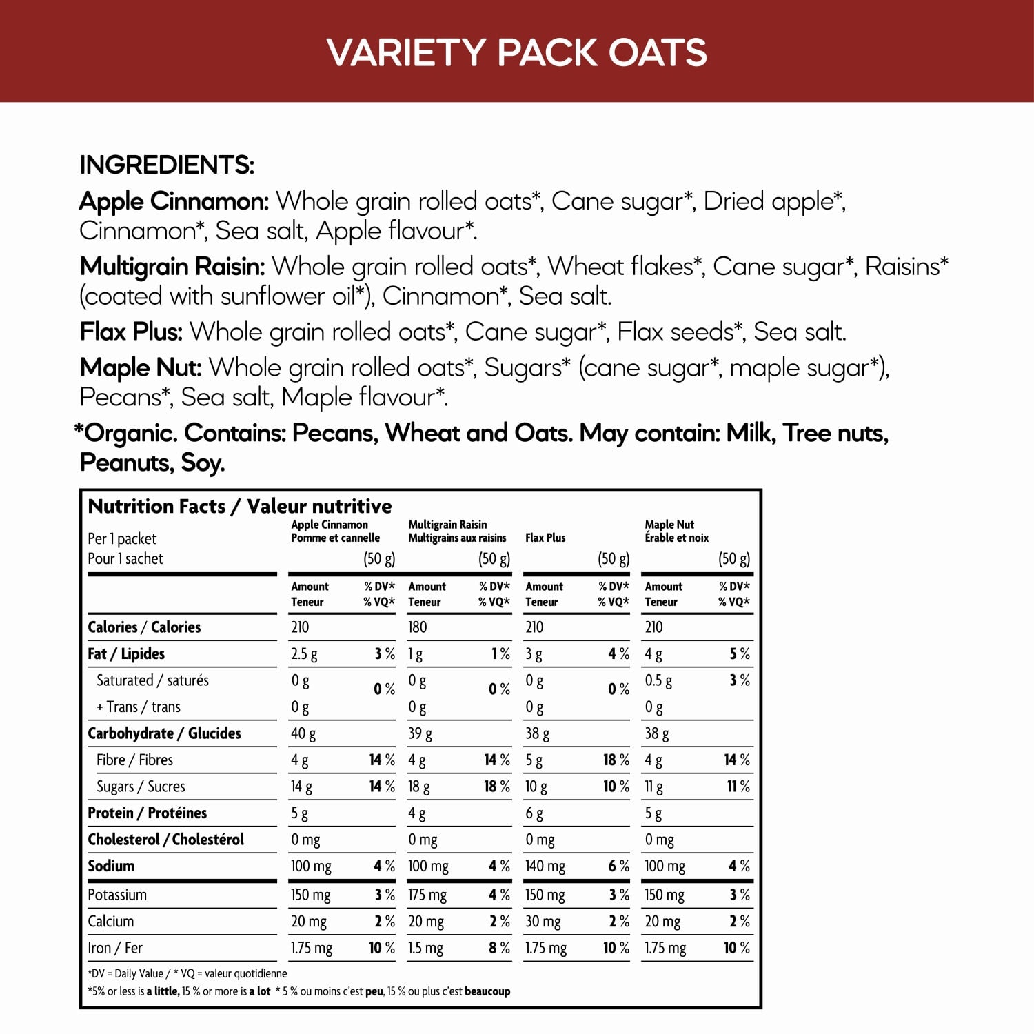 Nutrition facts per serving and ingredient statement for Instant Oatmeal Variety Pack