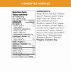 Nutrition facts per serving and ingredient statement for Gluten Free Homestyle Waffles
