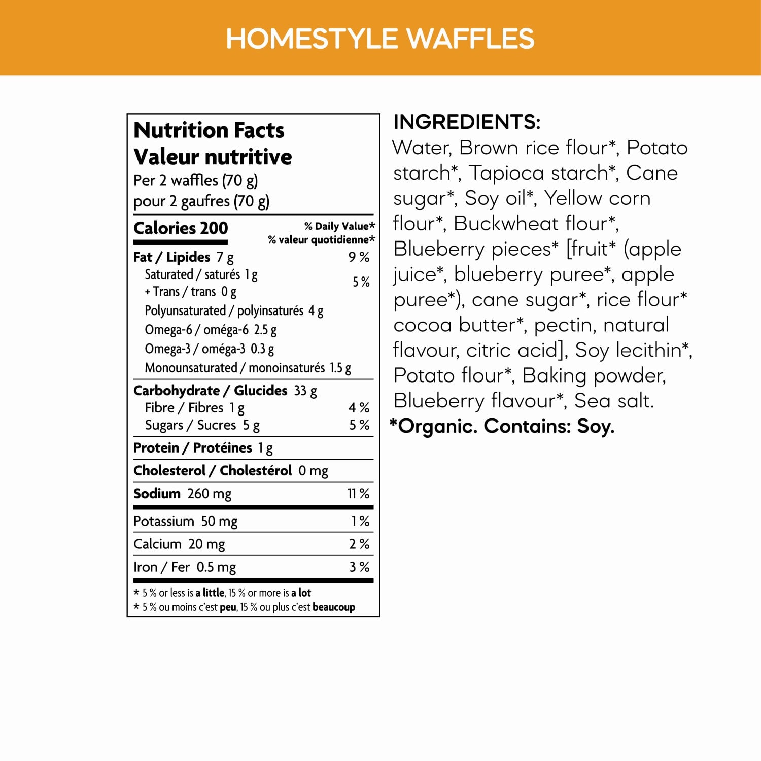 Nutrition facts per serving and ingredient statement for Gluten Free Homestyle Waffles