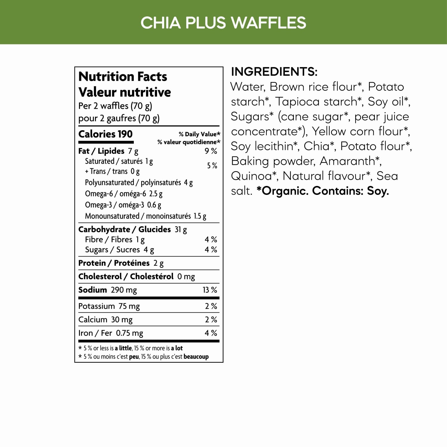 Nutrition facts per serving and ingredient statement for Chia Plus Waffles