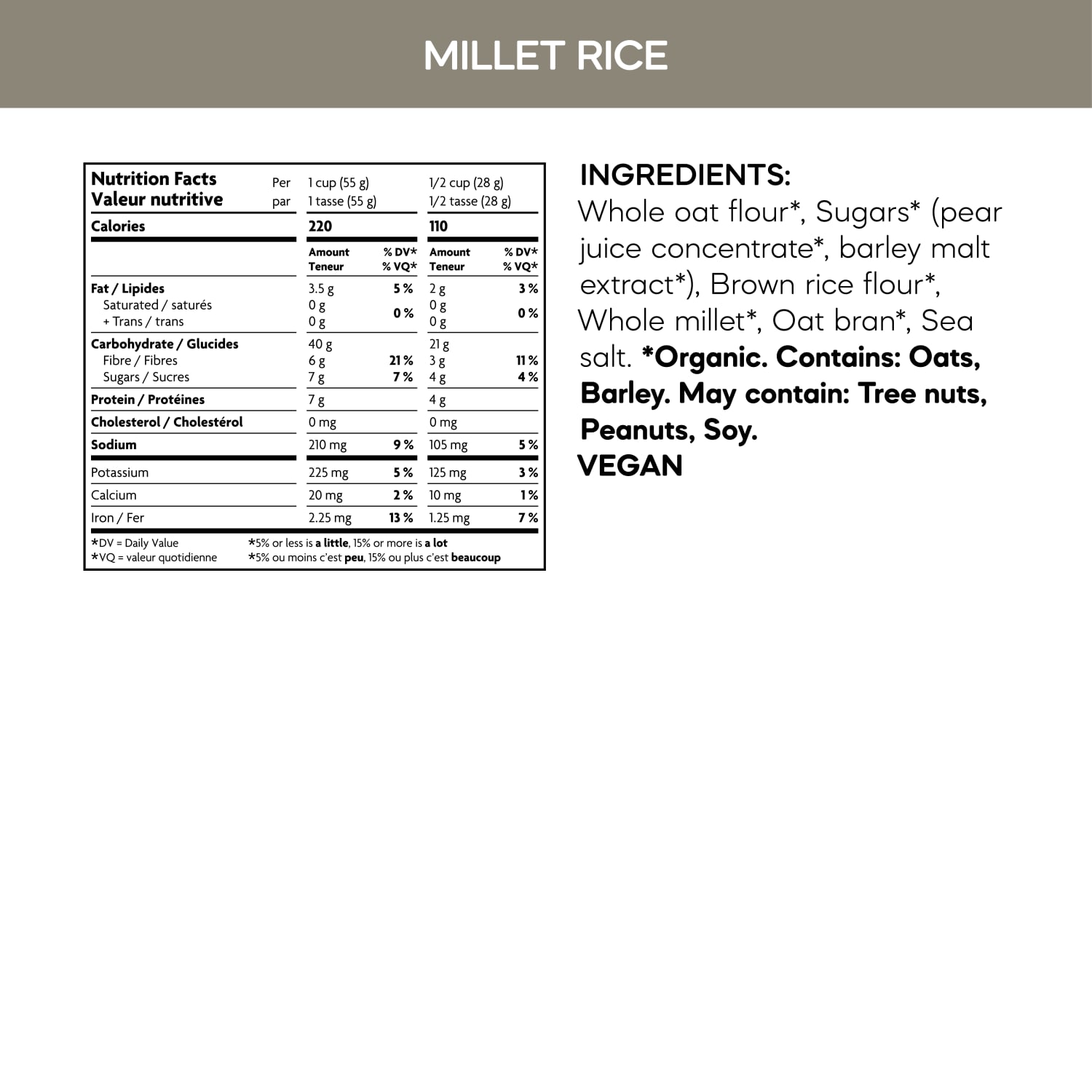 Nutrition facts per serving and ingredient statement for Millet Rice Flakes Cereal