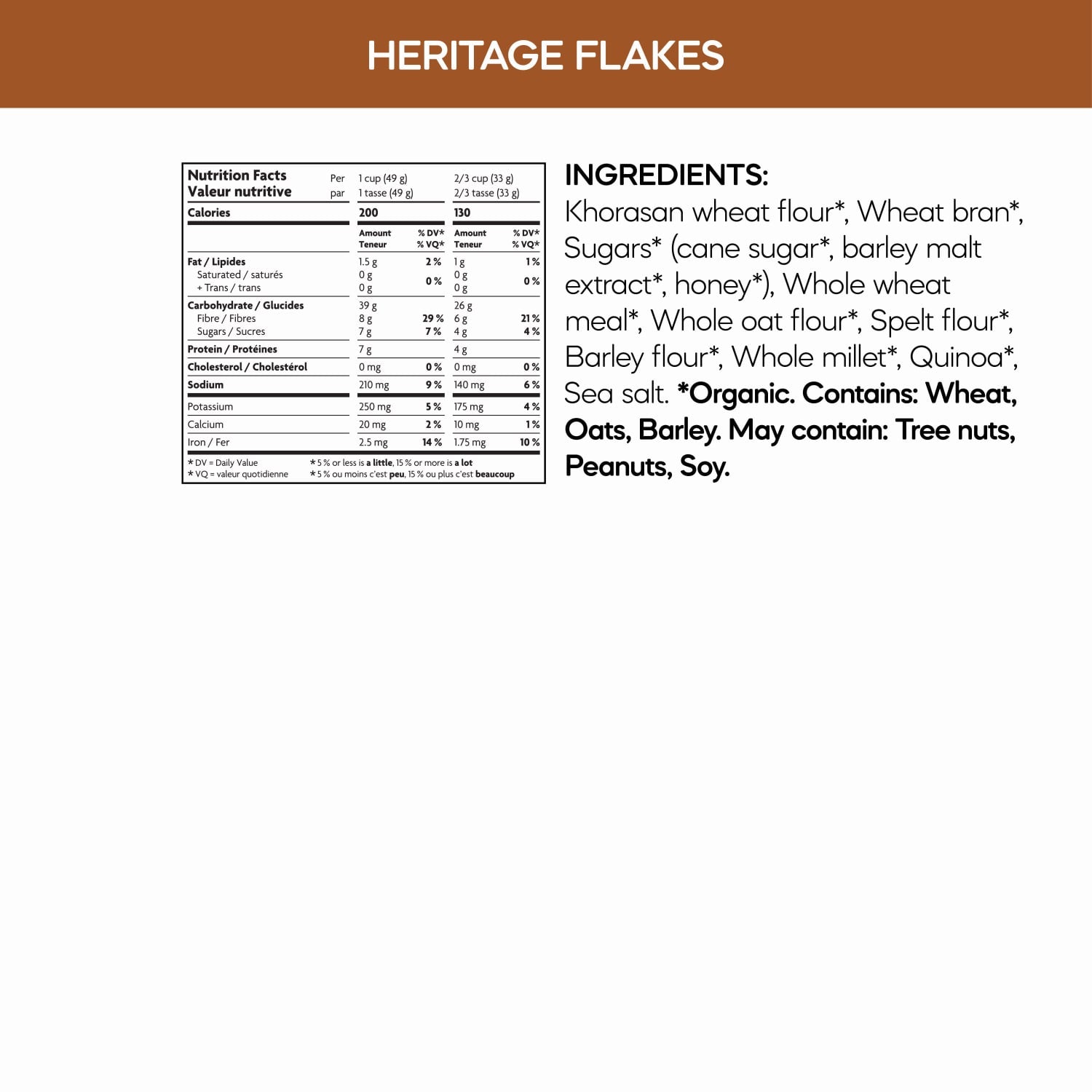 Nutrition facts per serving and ingredient statement for Heritage Flakes® Cereal