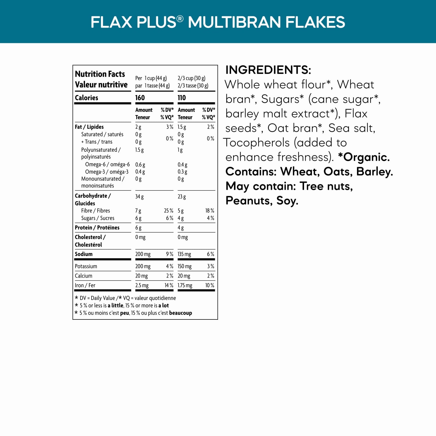 Nutrition facts per serving and ingredient statement for Flax Plus Multibran Flakes Cereal