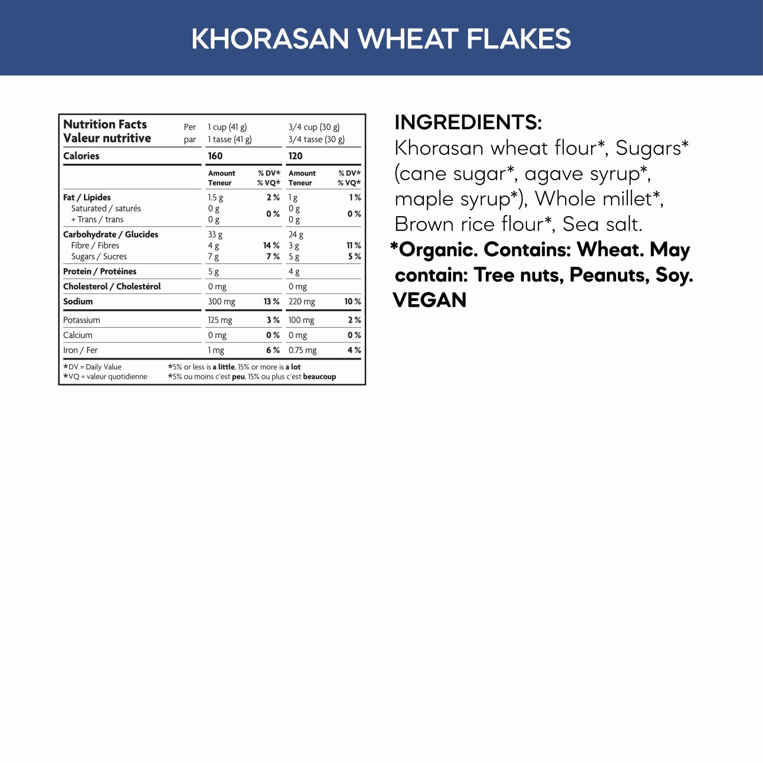 Nutrition facts per serving and ingredient statement for Khorasan Krisp Flakes