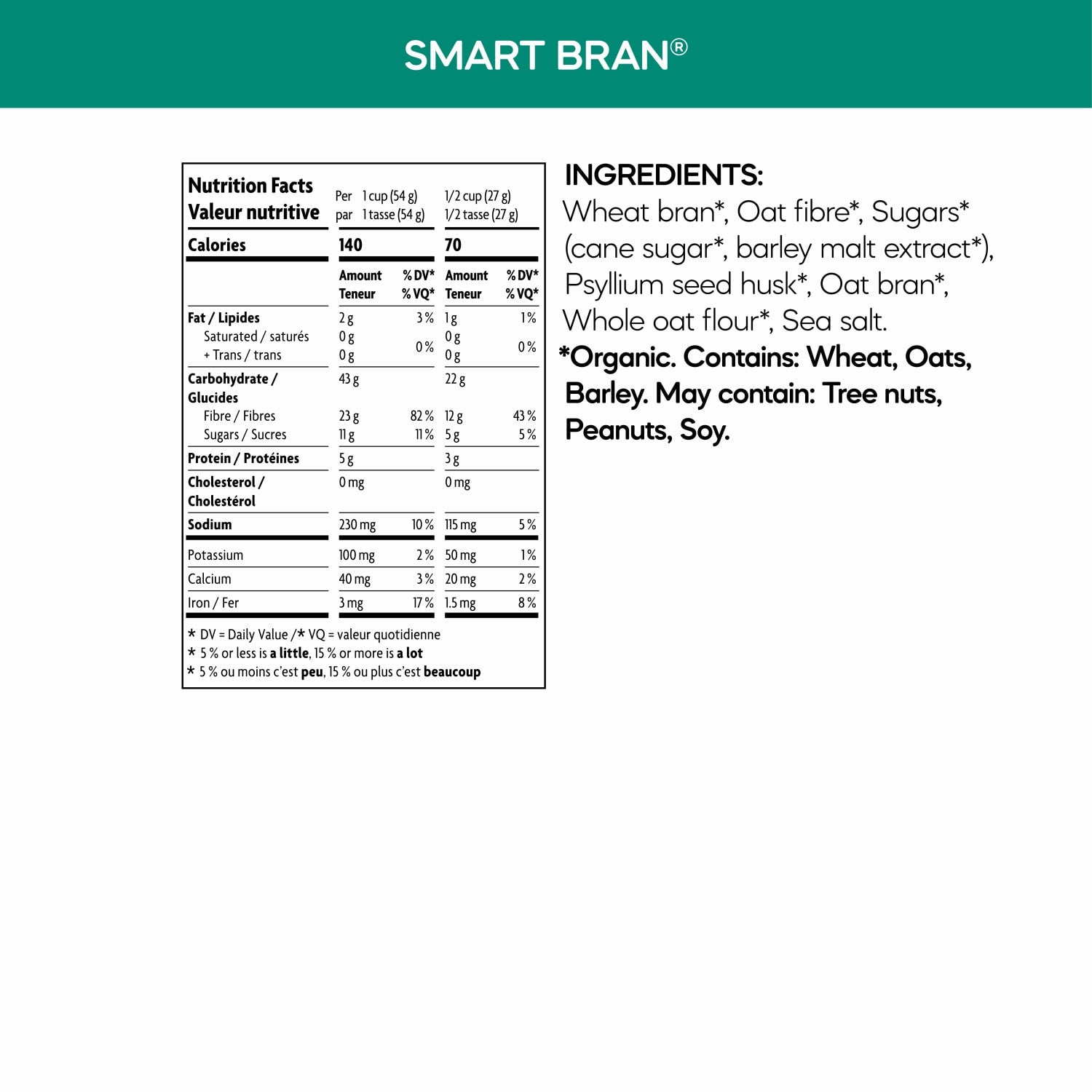 Nutrition facts per serving and ingredient statement for Smart Bran Cereal