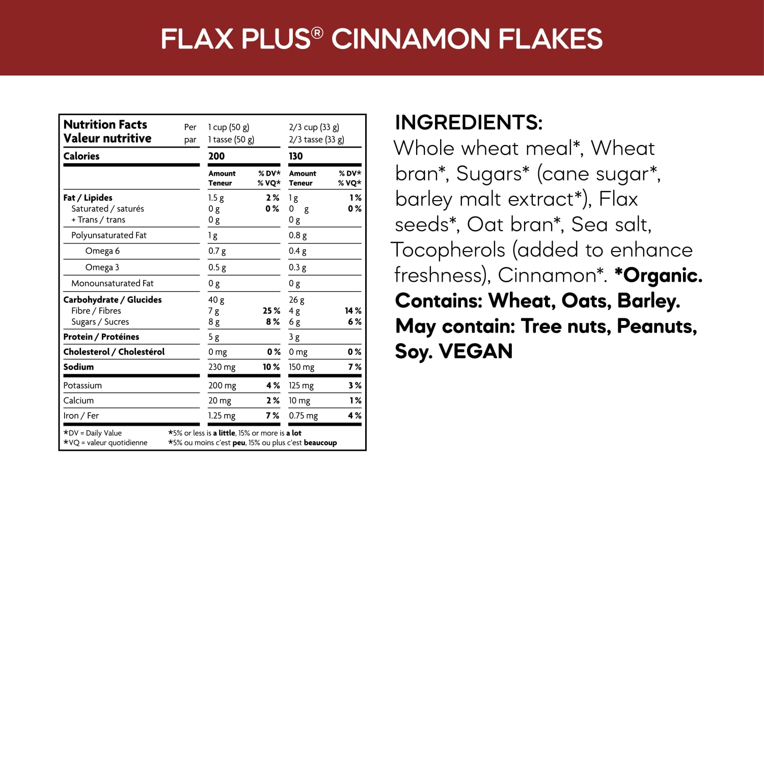 Nutrition facts per serving and ingredient statement for Flax Plus Cinnamon Flakes Cereal