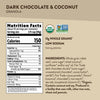 Nutrition facts per serving and ingredient statement for Dark Chocolate & Coconut Granola