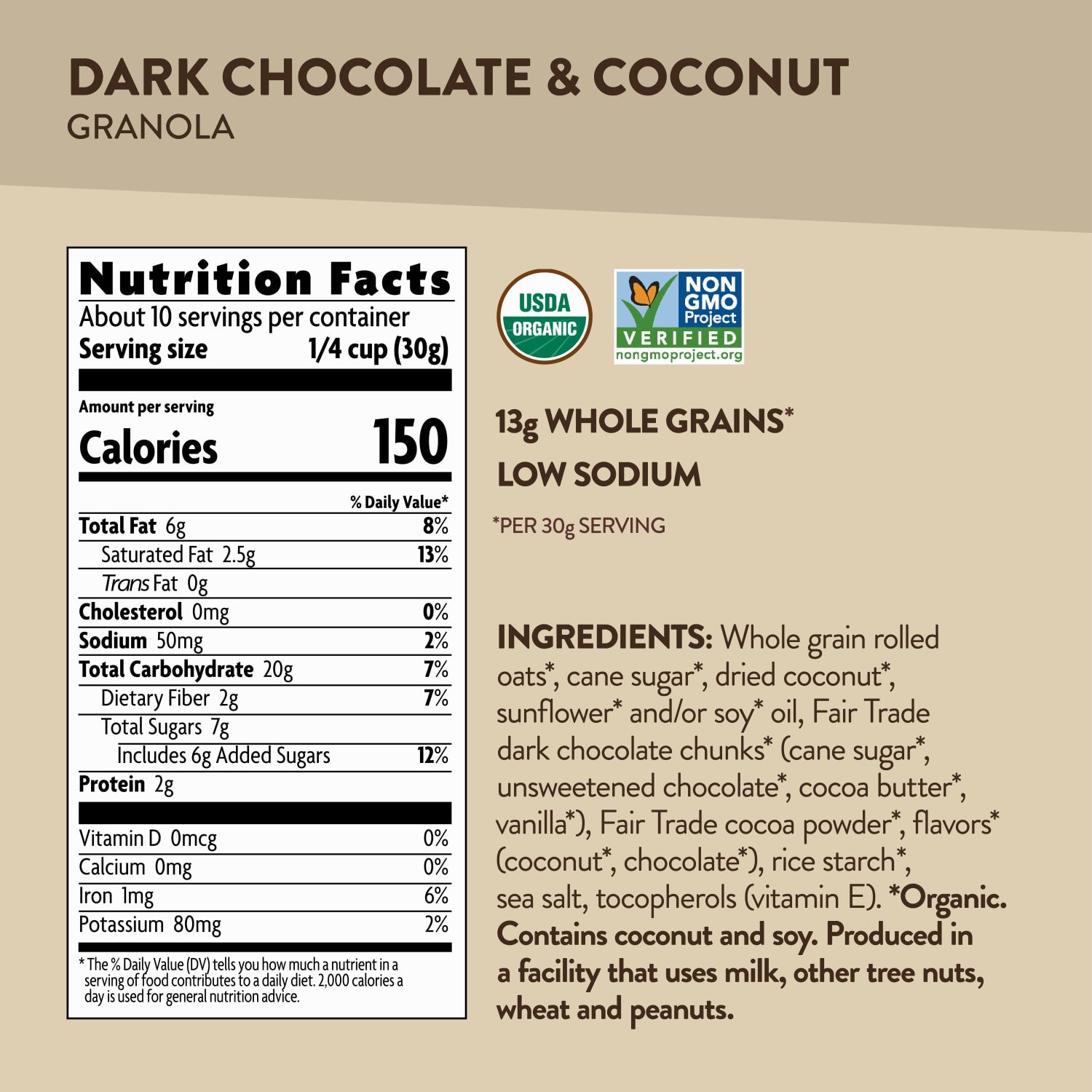 Nutrition facts per serving and ingredient statement for Dark Chocolate & Coconut Granola